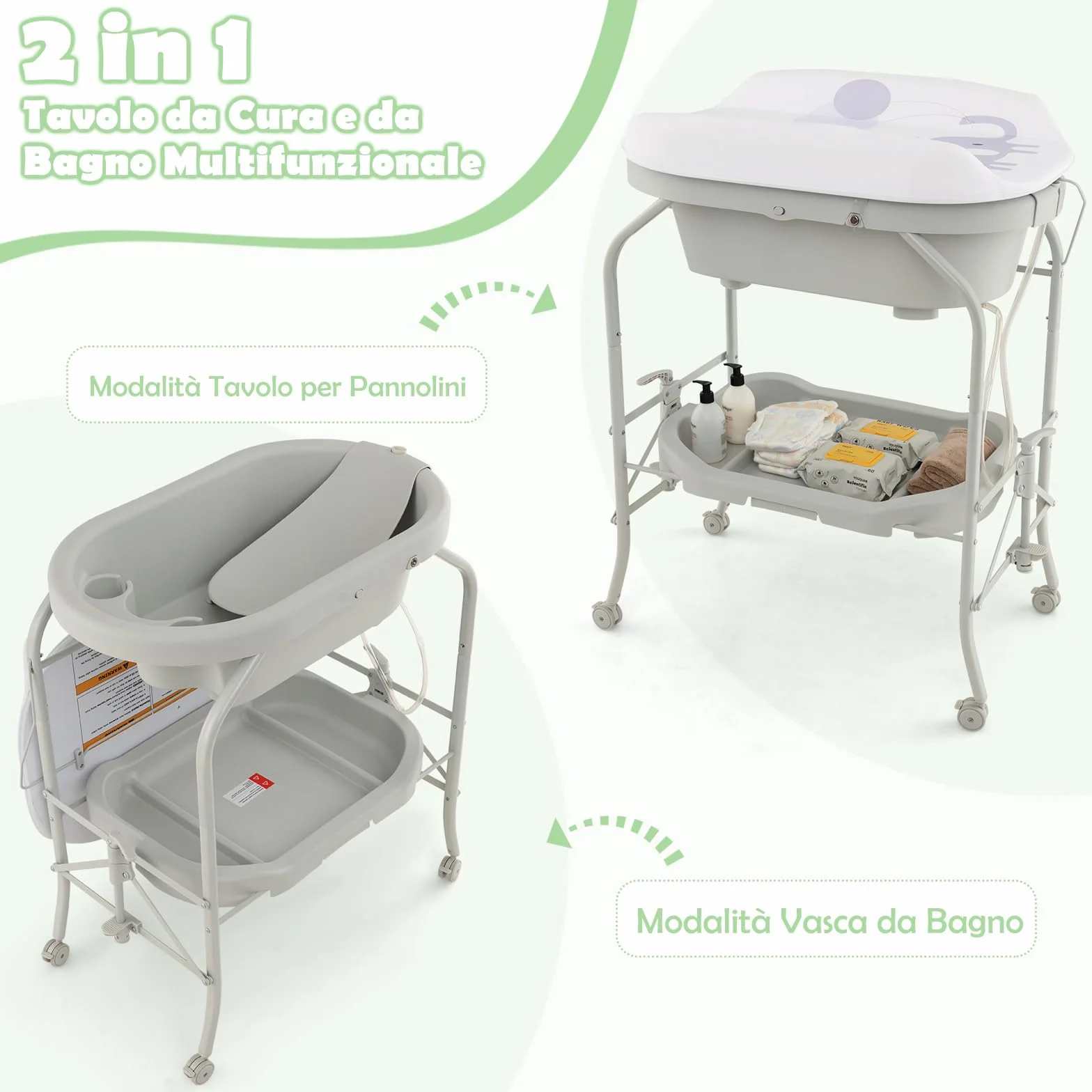 COSTWAY Fasciatoio con Vaschetta Bagnetto 2 in 1, Vasca da Bagno Pieghevole per Bambini, Grigio Chiaro