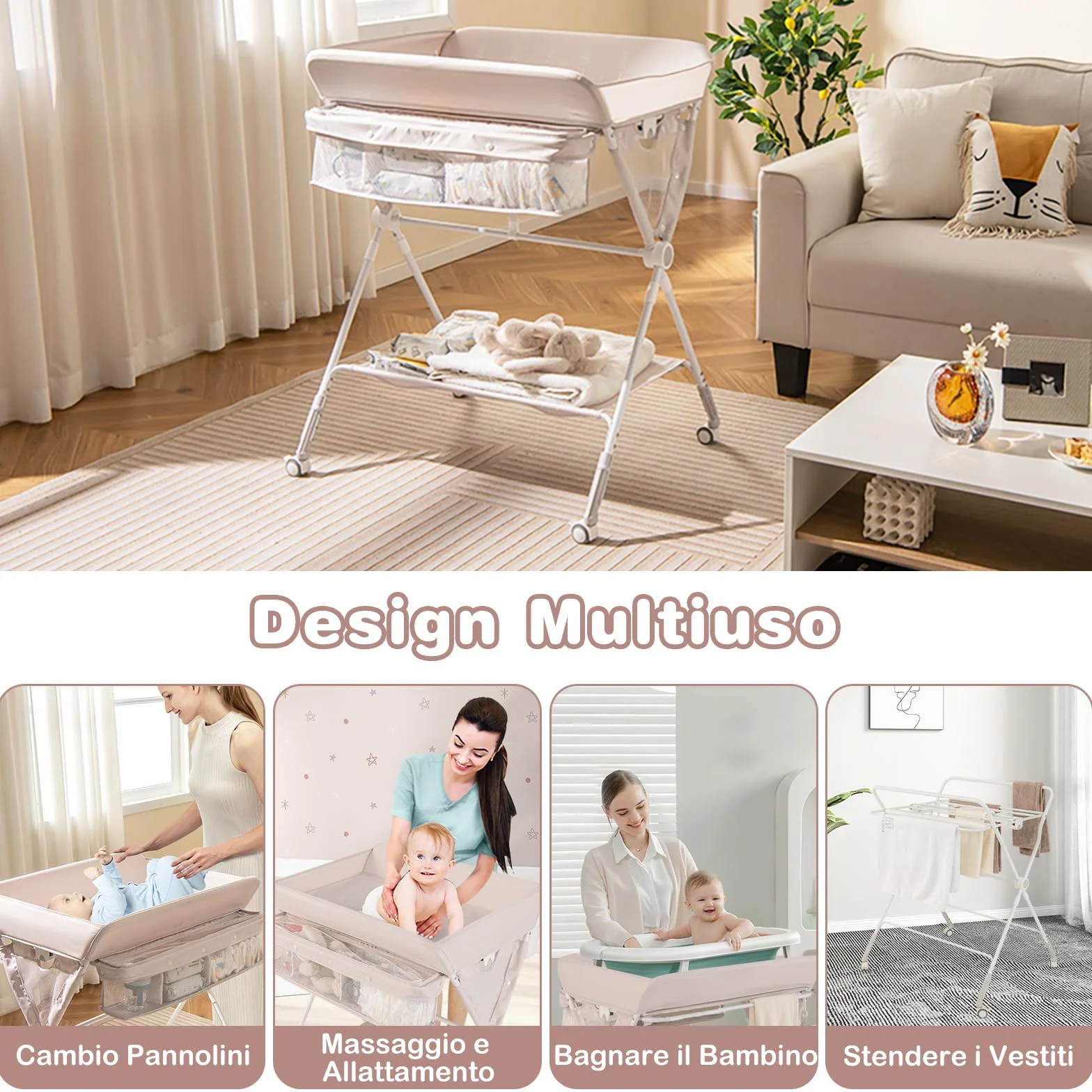 COSTWAY Fasciatoio Pieghevole per Bambini, Altezza Regolabile 3 Livelli, Ruote Bloccabili, Beige