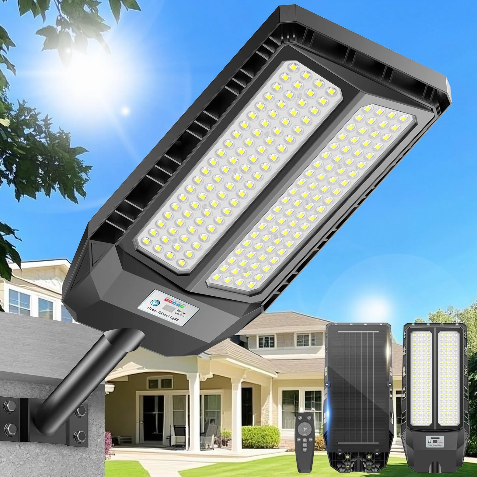 Adewalk 900W Lampione Solare Led Esterno con Telecomando, IP66 Impermeabile Lampada Stradale Solare con Sensore di Movimento, 6500K Super Bright Lampioni da Giardino Esterno Solari per Garage Strada