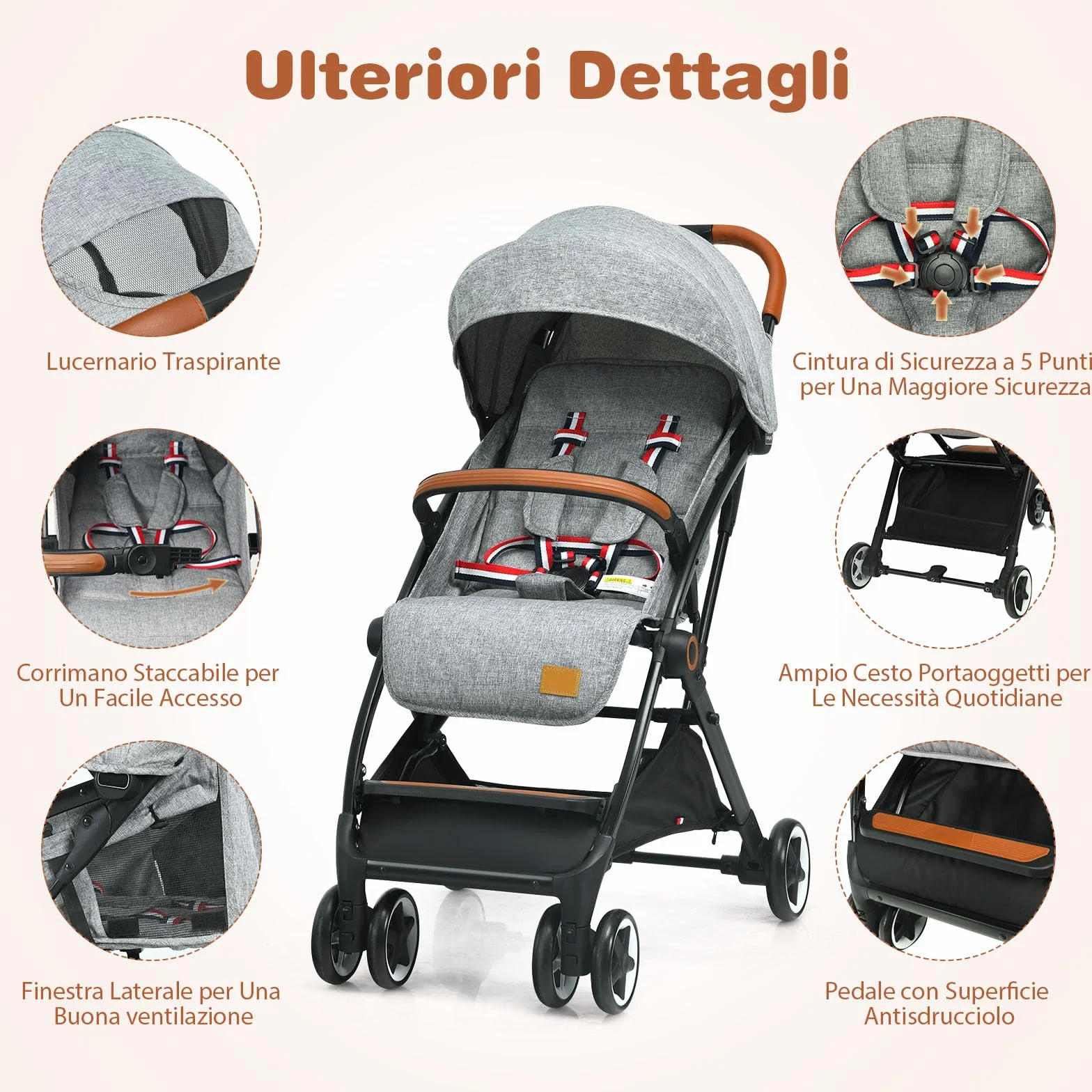Costway Passeggino Leggero per Bambini 0-3 Anni fino 15 kg, Schienale e Poggiapiedi Regolabili, Cappottina e Zanzariera, Compatto Pieghevole Grigio