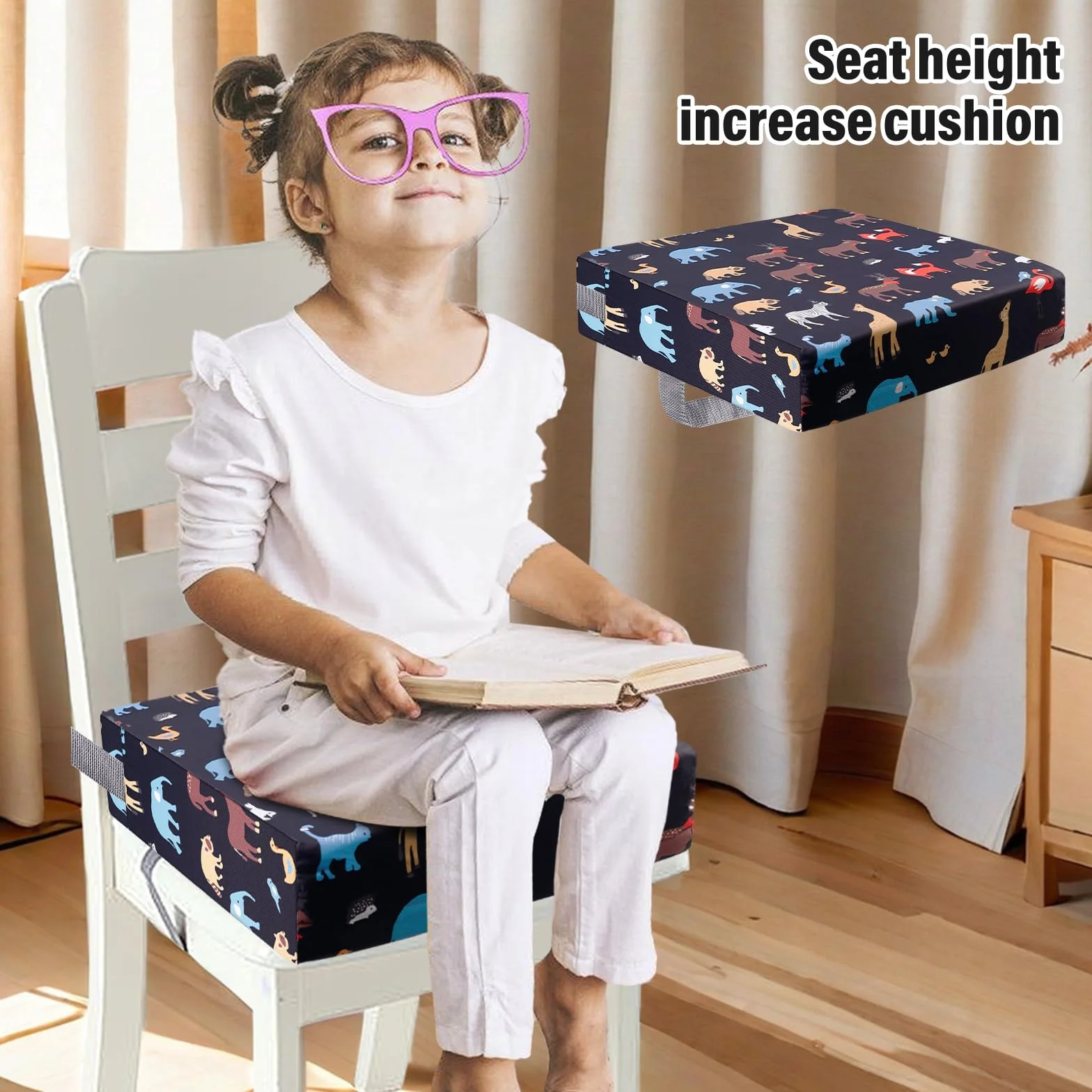 Rialzo da Sedia per Bambini 32x32x8cm Cuscino da Tavolo Cartoon con Cinghie di Sicurezza Nero