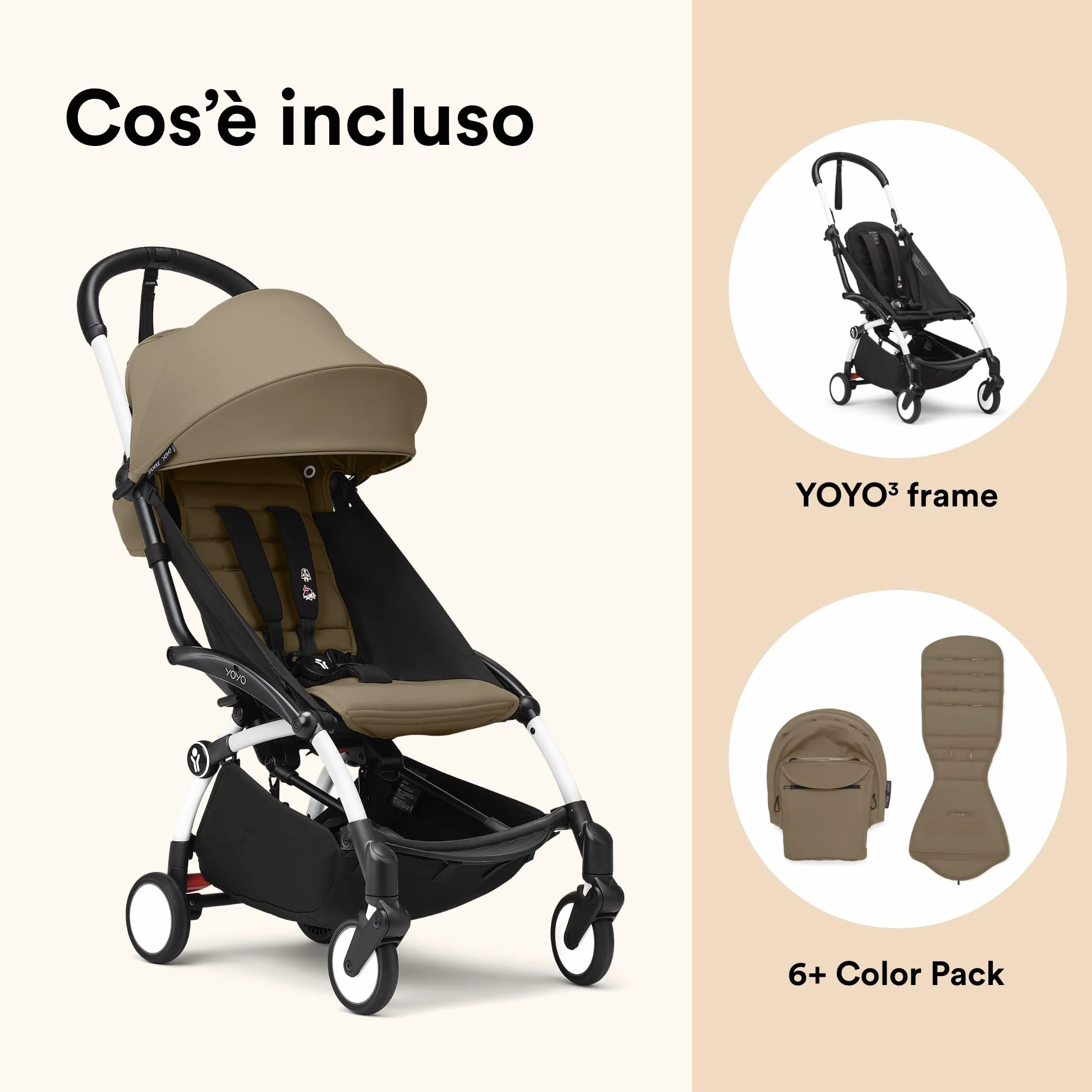 Passeggino Stokke YOYO3 6 mesi Telaio Bianco Cuscino Seduta Toffee Capottina Leggero Compatto Bagaglio a Mano