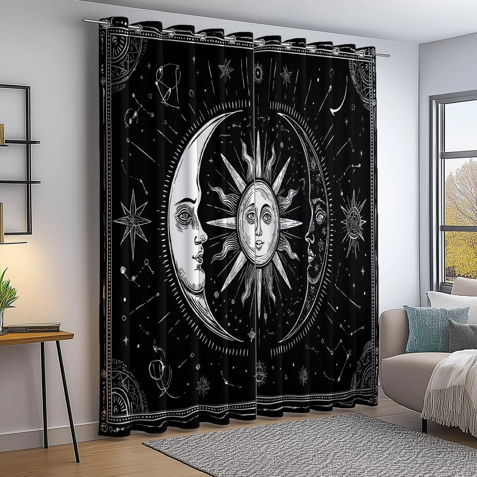 Tende Oscuranti Termiche L 140 x A 260 cm 2 Pezzi Retro Fantasy Sole Luna E Astrologia Nero Anti Luce Anti UV Isolanti Dal Calore Con Occhielli