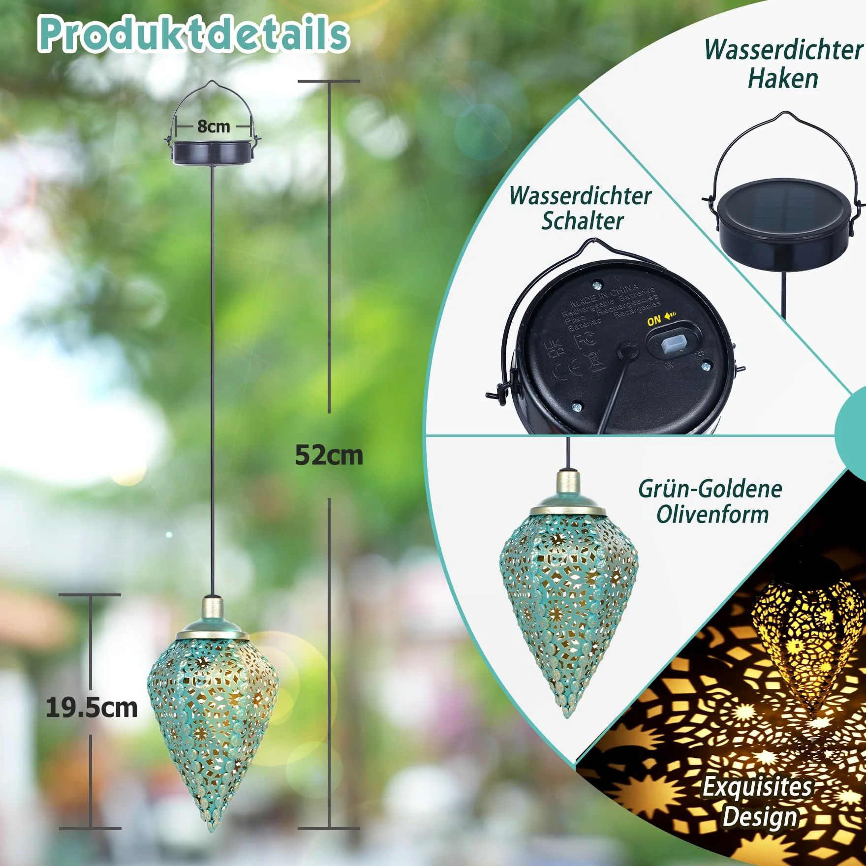 4 lampade solari per esterni, da appendere, a LED, retrò, per esterni, da giardino, IP65, impermeabile, bianco caldo, a forma di oliva, per esterni, balcone, terrazza, regali per donne e mamme (oro