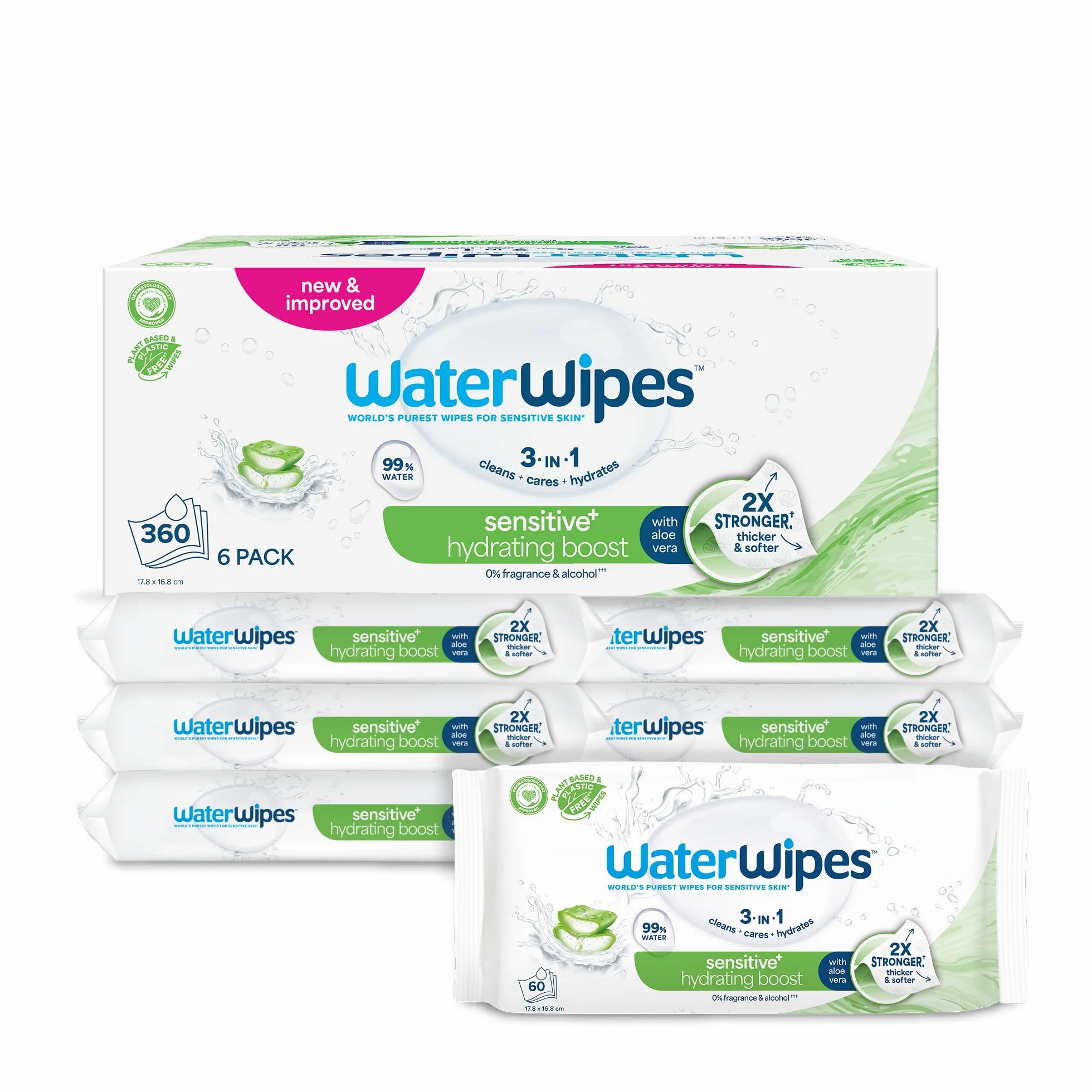 WaterWipes Salviettine Idratanti Sensitive+ Hydrating Boost Wipes 360 Pezzi 6 Confezioni 99% Acqua Aloe Vera