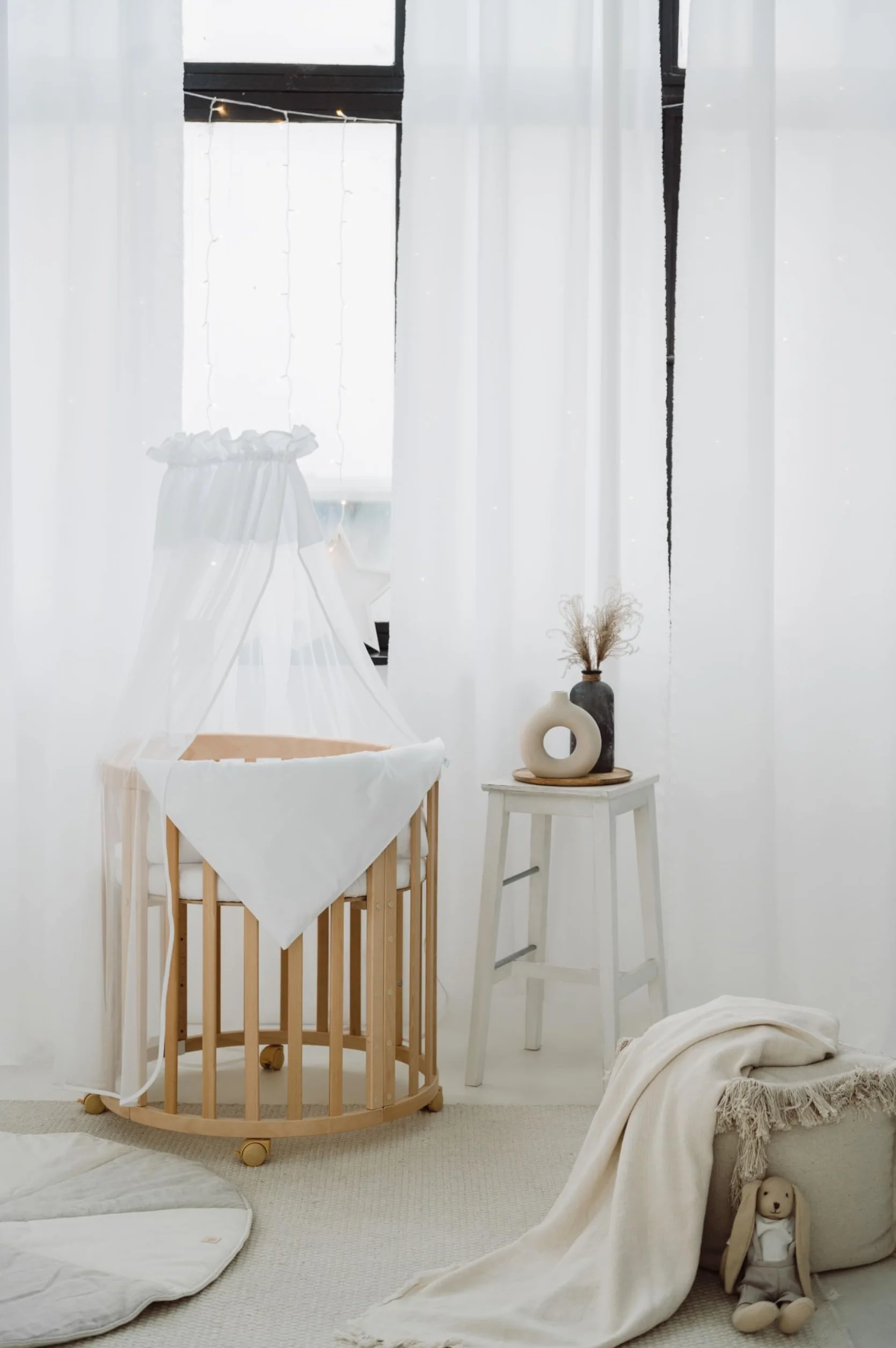 Waldin Lettino Mobile 7in1 Ovale Materasso Culla Espandibile Ventilato Base Regolabile 5 Posizioni Legno Naturale