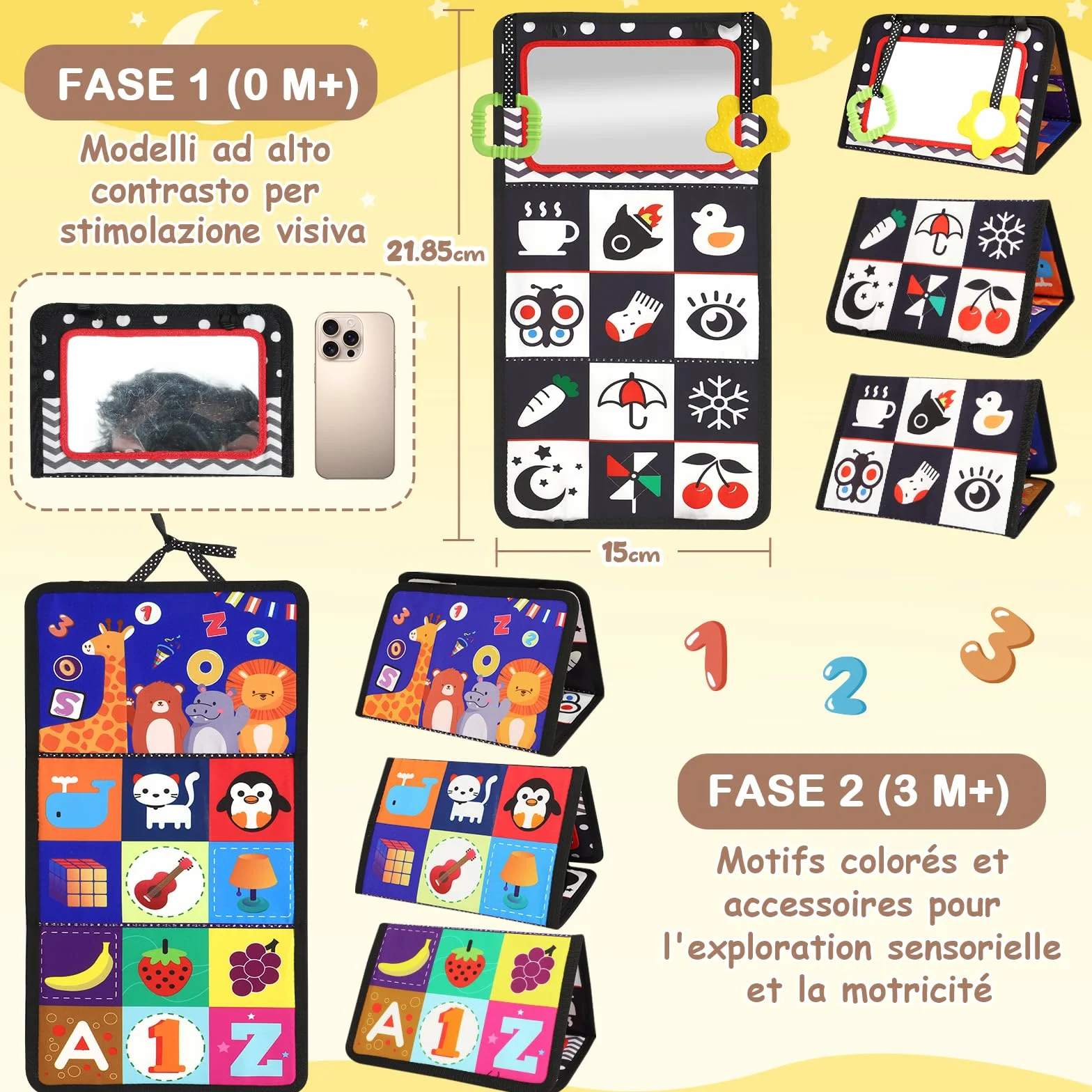 Giochi Montessori Neonato 0 3 6 12 Mesi, Libro Sensoriale con Specchio, Tummy Time Morbidi di attività Giocattoli Educativi Interattivo Regali