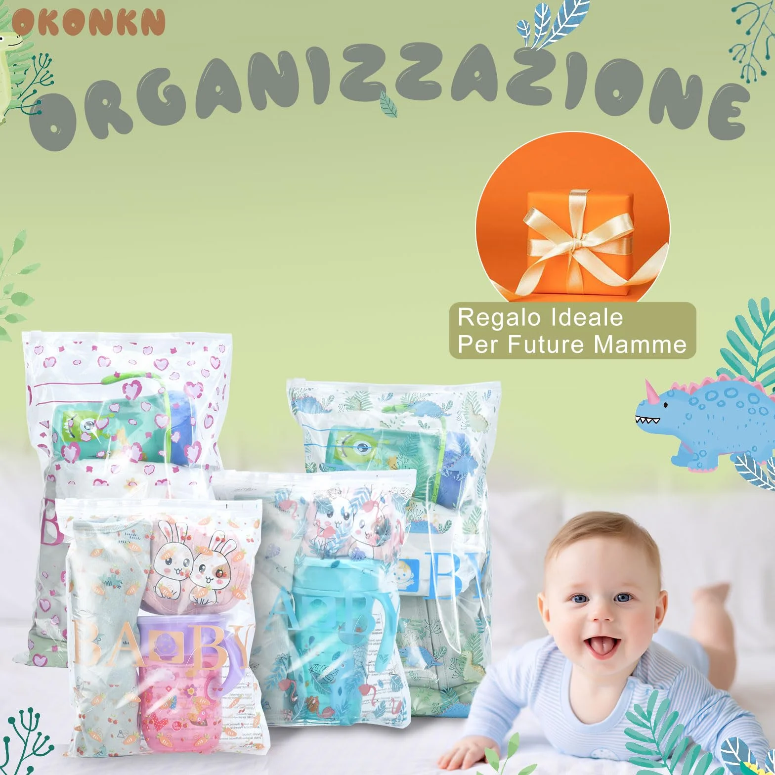 OKONKN Bustine Corredino Neonato Ospedale Sacchetti Cambio Riutilizzabili Asilo Viaggi Idea Regalo Future Mamme Dinosauro Flamingo