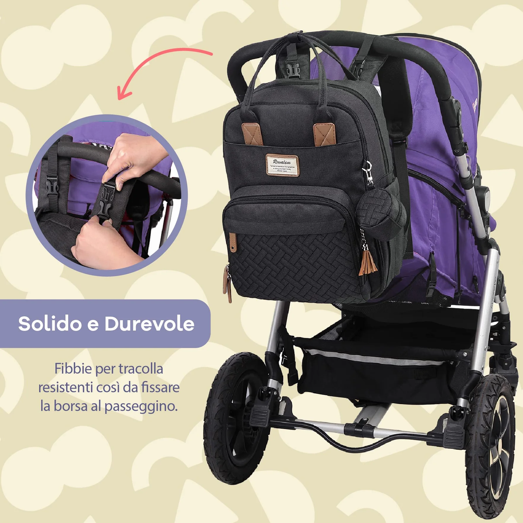RUVALINO Borsa Zaino Fasciatoio Multifunzione con Porta Ciuccio e Cinghie per Passeggino
