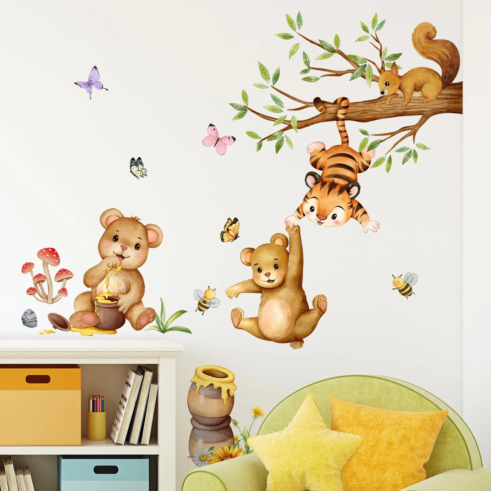 Supzone Adesivi Murali Animali Foresta Tigre Orso Scoiattolo Dondolando Miele Albero Ramo Decorazione Murale per Camerette Bambini