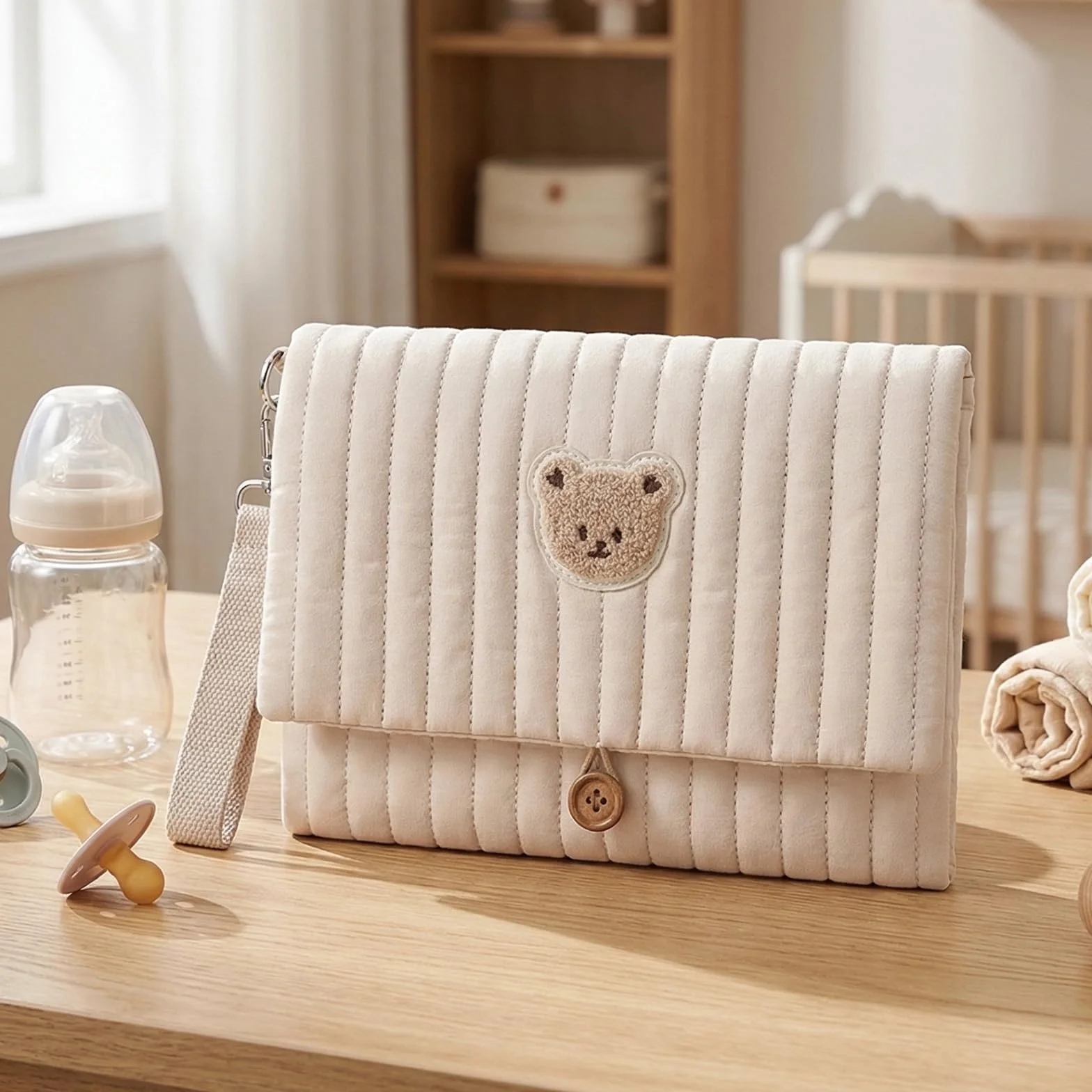 Simpatico Borsa per pannolini con orsetto ricamato, tasche multiple, organizer per passeggino