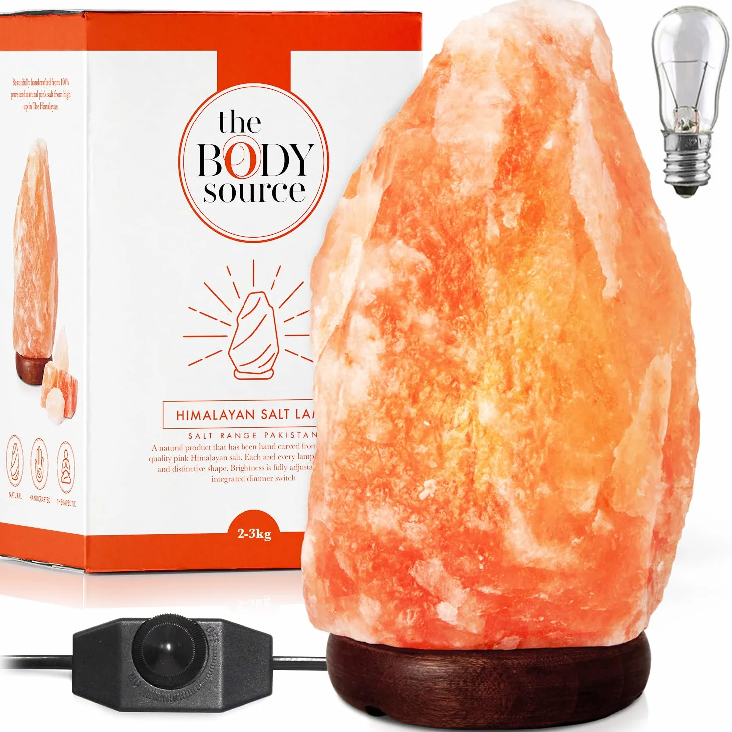 the body source Lampada di Sale Himalayano (3-5 kg) con Varialuce, Completamente Naturale e Realizzata a Mano con Base in Legno