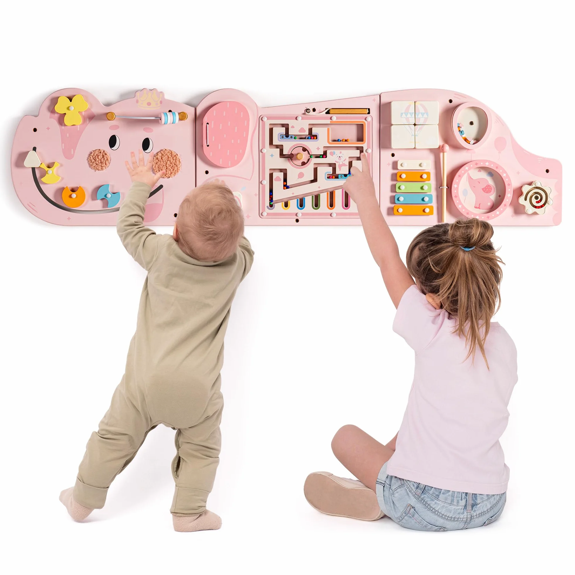 Montessori Tavola Motorizzata in Legno 11 in 1 Busy Board Giocattolo da Parete per Bambini 18 Mesi Rosa