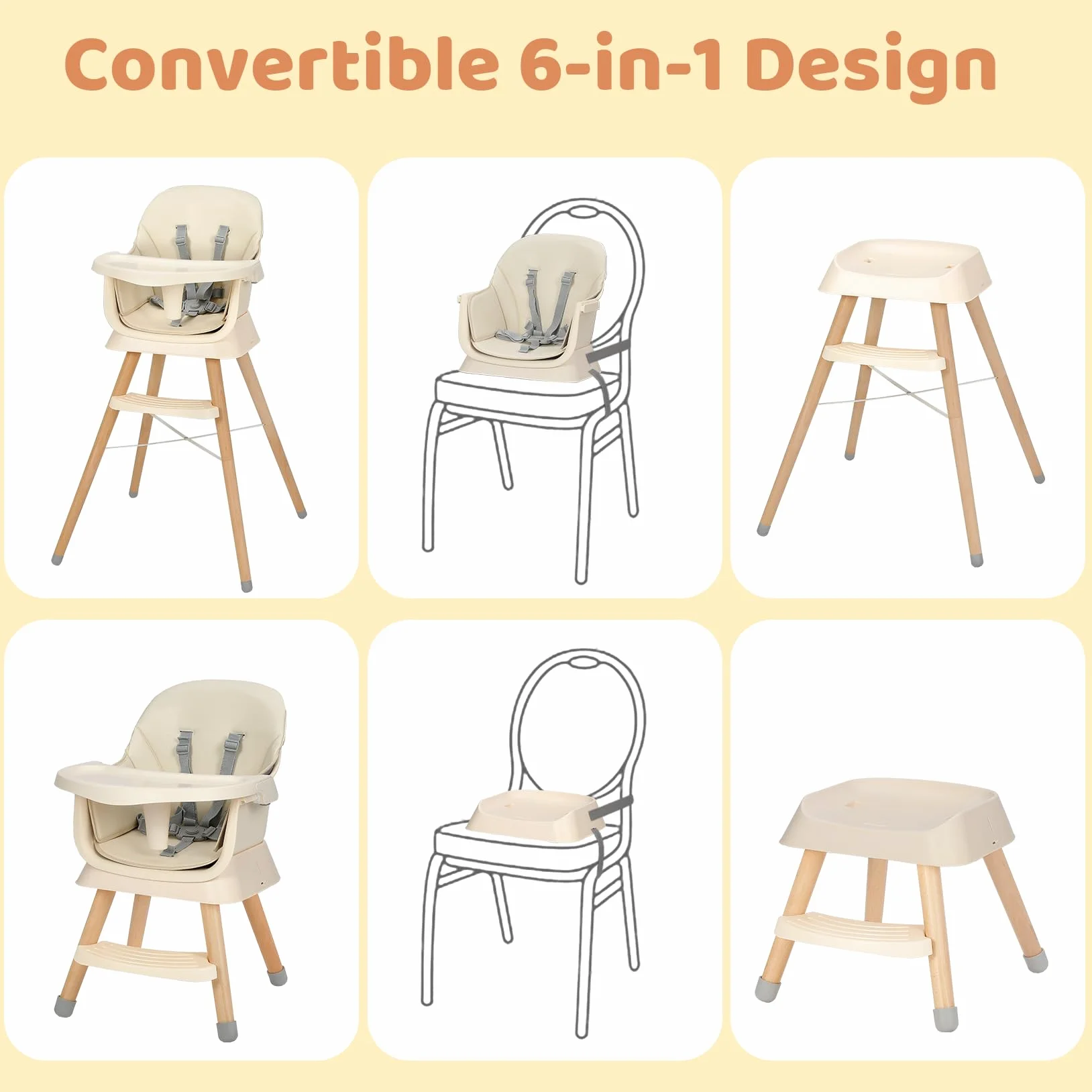 Seggiolone Pappa 6 in 1 Convertibile in Rialzo Sedia Bambino con Gambe in Legno, Cintura 5 Punti, Vassoio Rimovibile, Beige