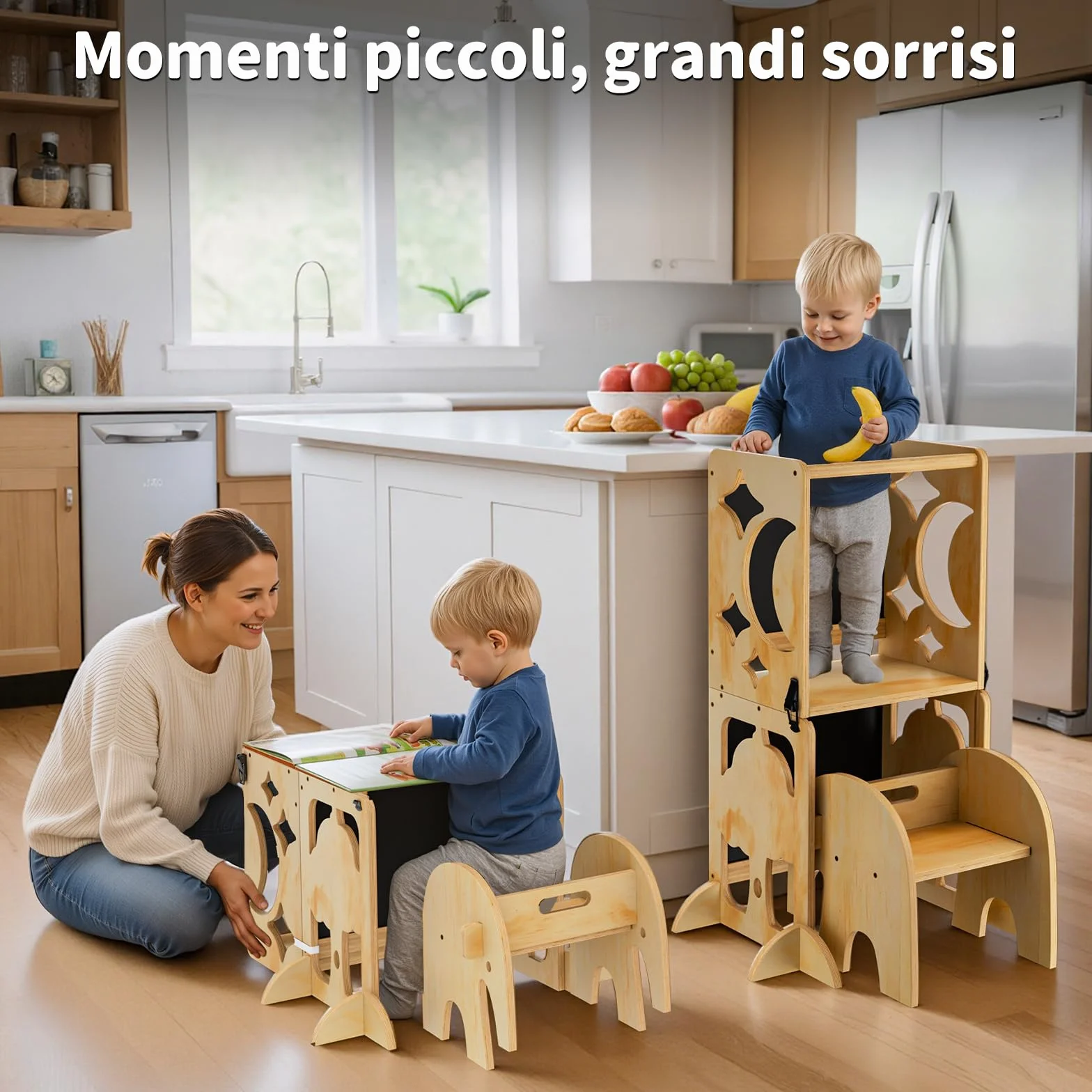 COSYLAND Torre Montessoriana Bambini 4 in 1 - Torretta Montessoriana con Scrivania e Sedia in Legno Naturale