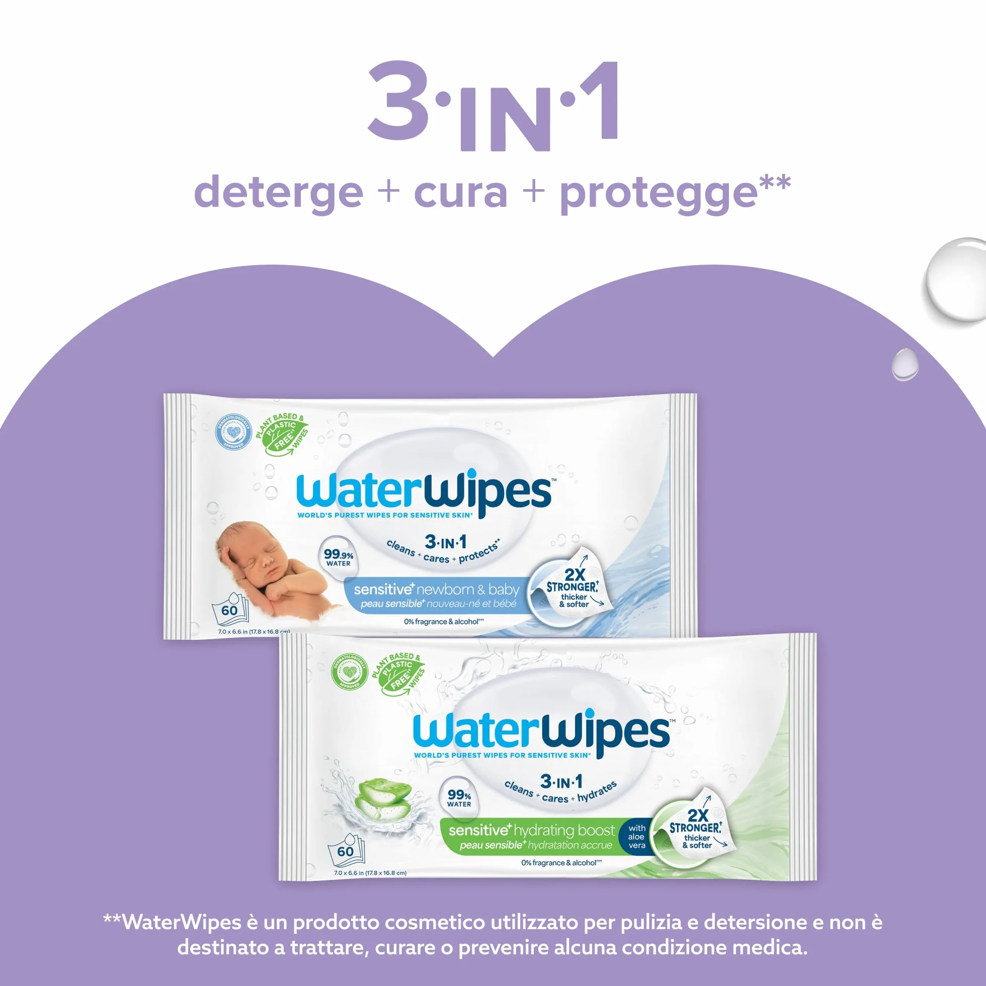 WaterWipes Salviettine Lenitive 360 Pezzi 6 Confezioni Detergenti 99% Acqua Estratti Botanici Senza Profumo