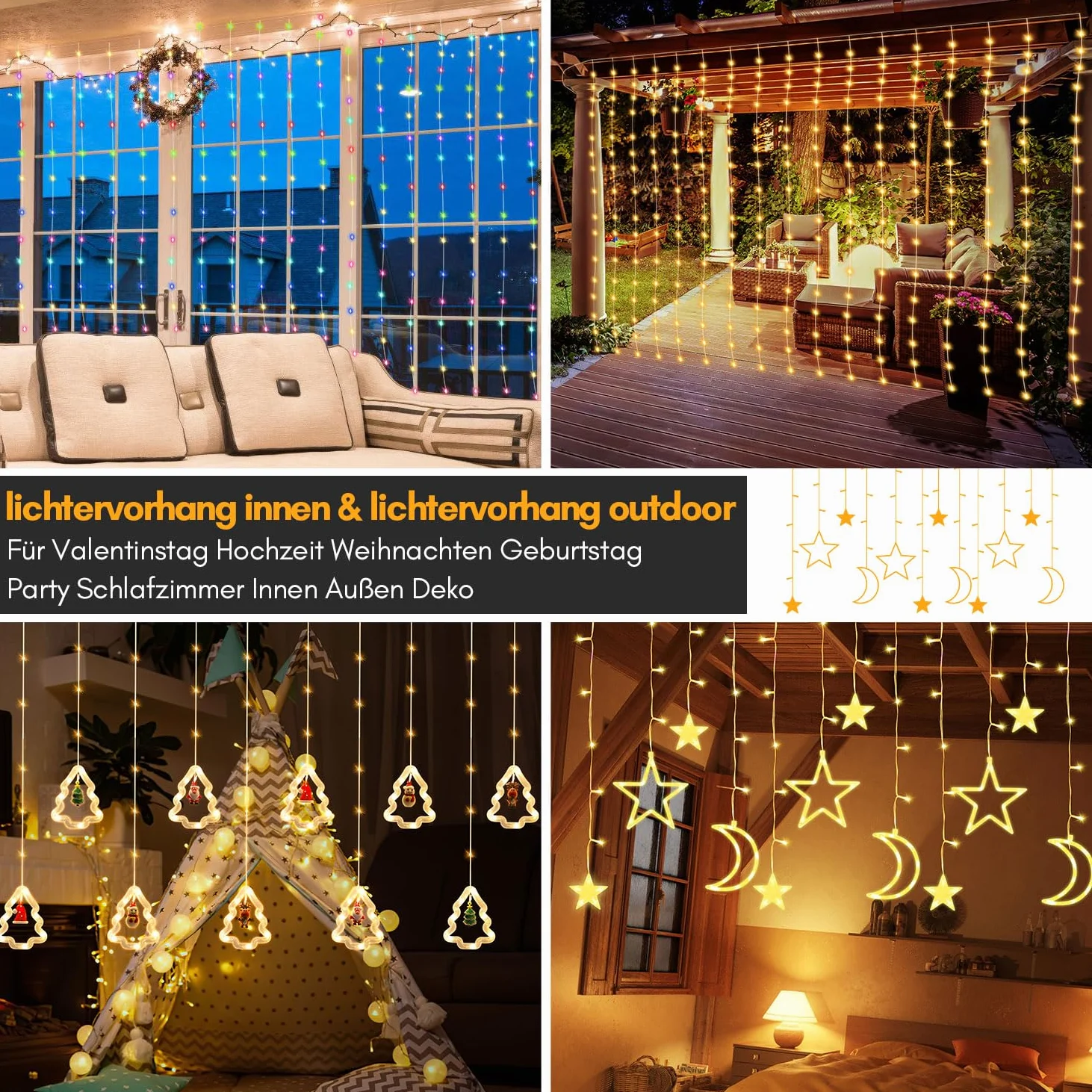 Tenda luminosa a 300 LED, 3 x 3 m, 2 luci per interni con finestra, 8 modalità con timer, impermeabile, luce natalizia a LED, per interni ed esterni, camera, matrimonio, colore