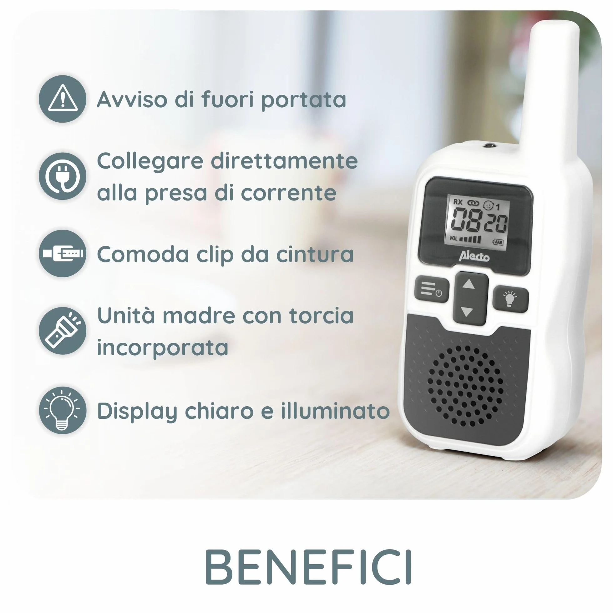 Alecto DBX80 monitor a lungo raggio 3000 metri standby 9 ore VOX bianco