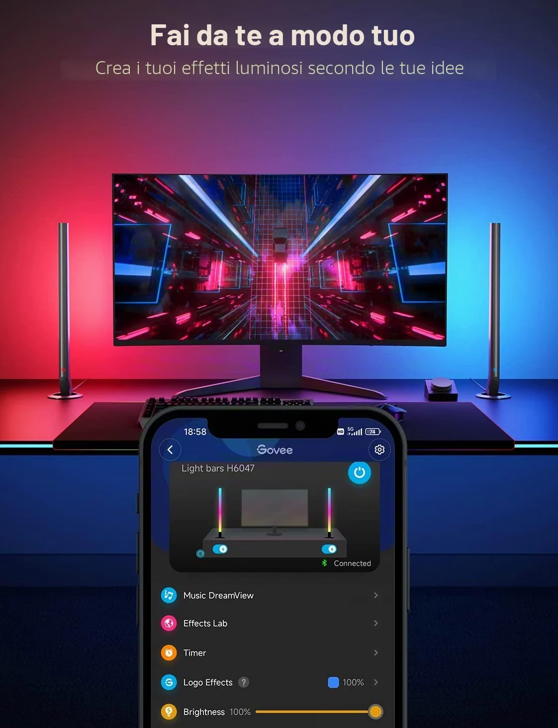 Govee RGBIC Lightbar da Gioco per PC con Controller da Tavolo, Barra Luminosa LED Wi-Fi da 42 cm con Sincronizzazione Musicale per TV e Monitor e 60+ Modalità di Scena