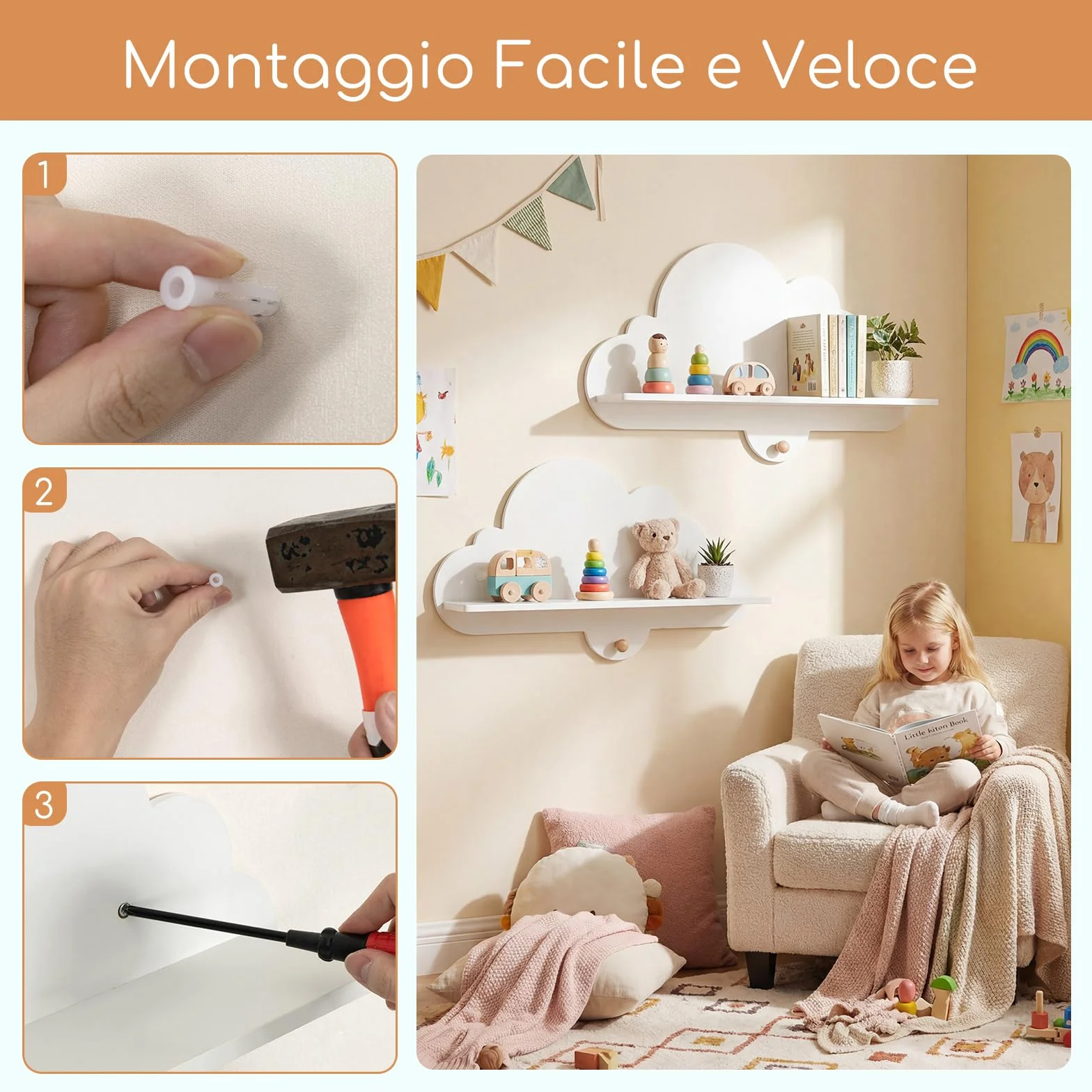 COSTWAY Set di 2 Mensole da Muro per Bambini, Libreria a Nuvole in Legno Massello con Ganci, Bianco