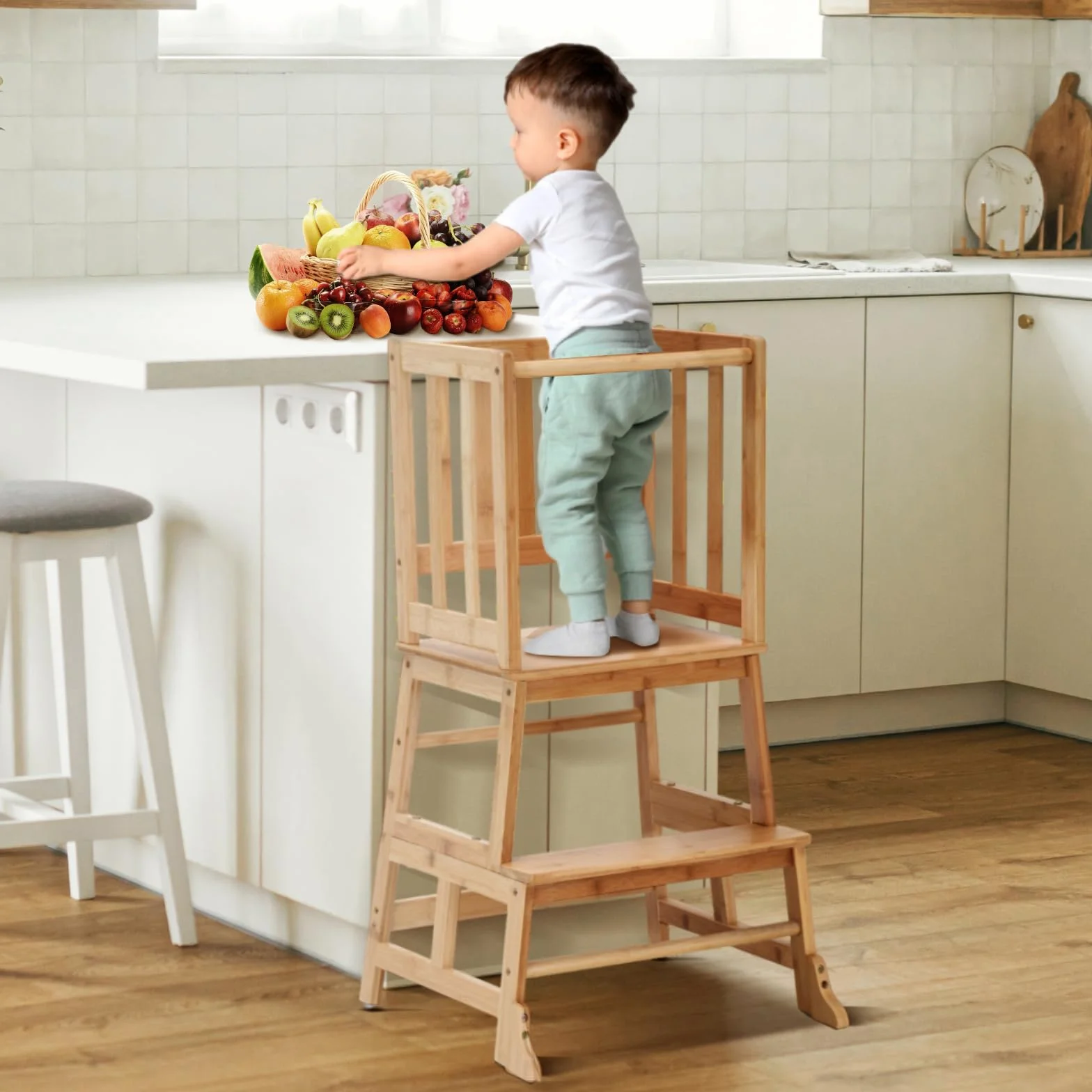 COSYLAND Torre Montessoriana per Bambini 18-36 Mesi - Torre di Apprendimento con Struttura a A Antiribaltamento, Legno Naturale