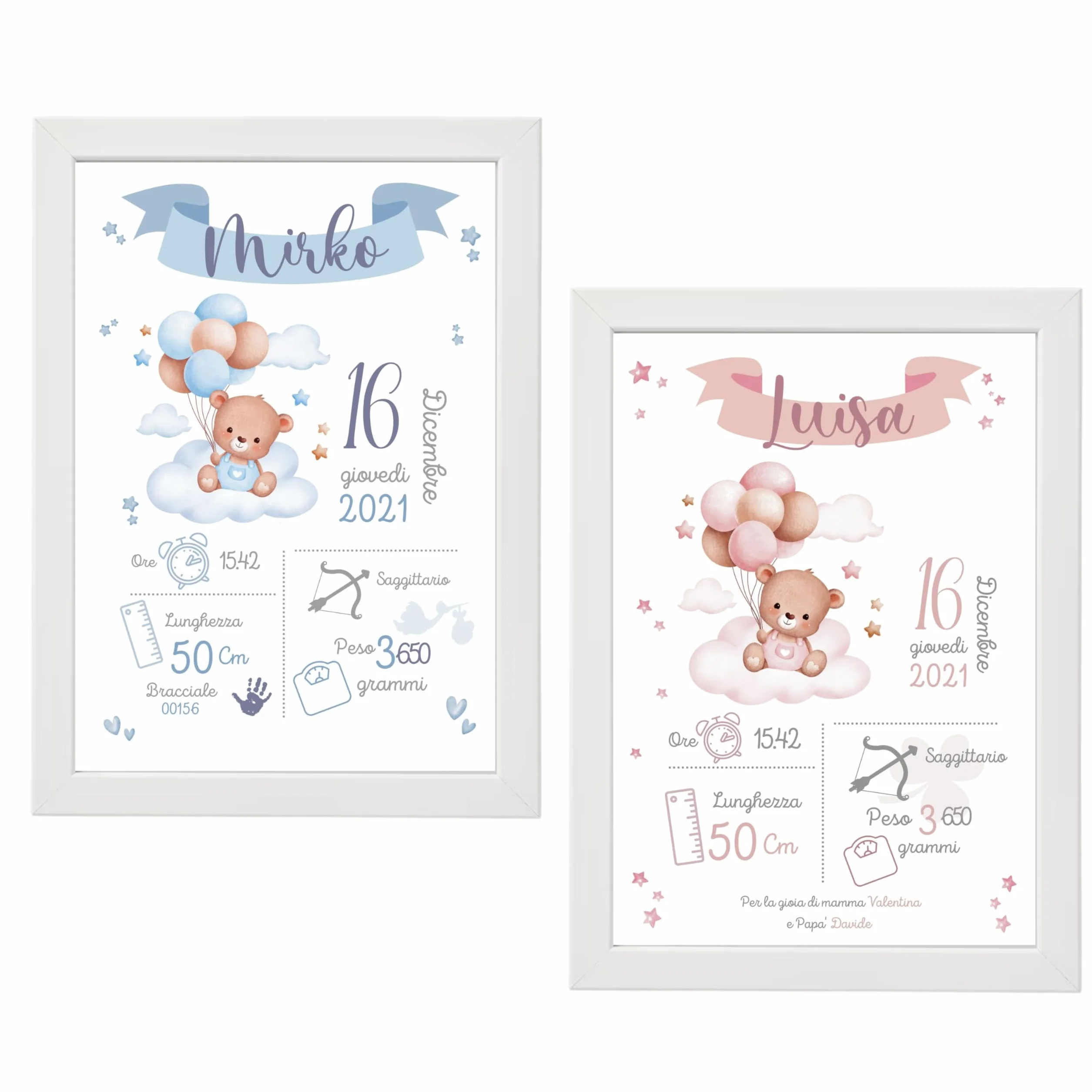 Personalizowany Quadretto Nascita z Ramką 21x30 cm – Dekoracja do Pokoju Dziecka z Danymi Noworodka – Pomysł na Prezent na Narodziny lub Chrzest