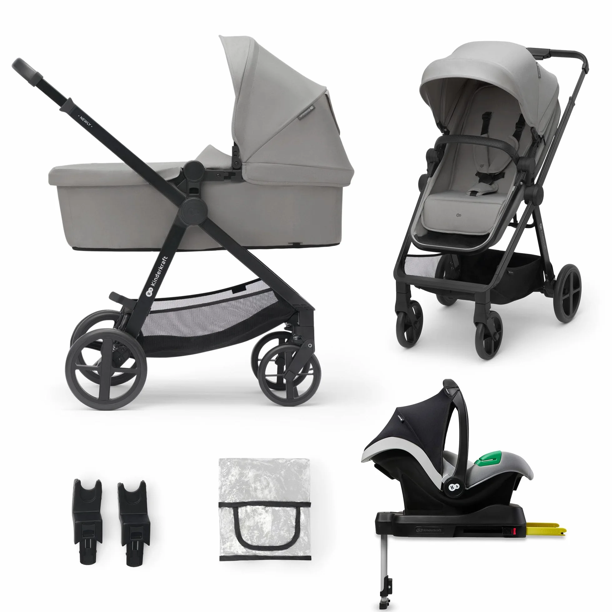 Kinderkraft 4 in 1 Trio Passeggino Neonati con Ovetto I-SIZE 40-75 cm, Base ISOFIX, Travel System, UPF50+, Grigio