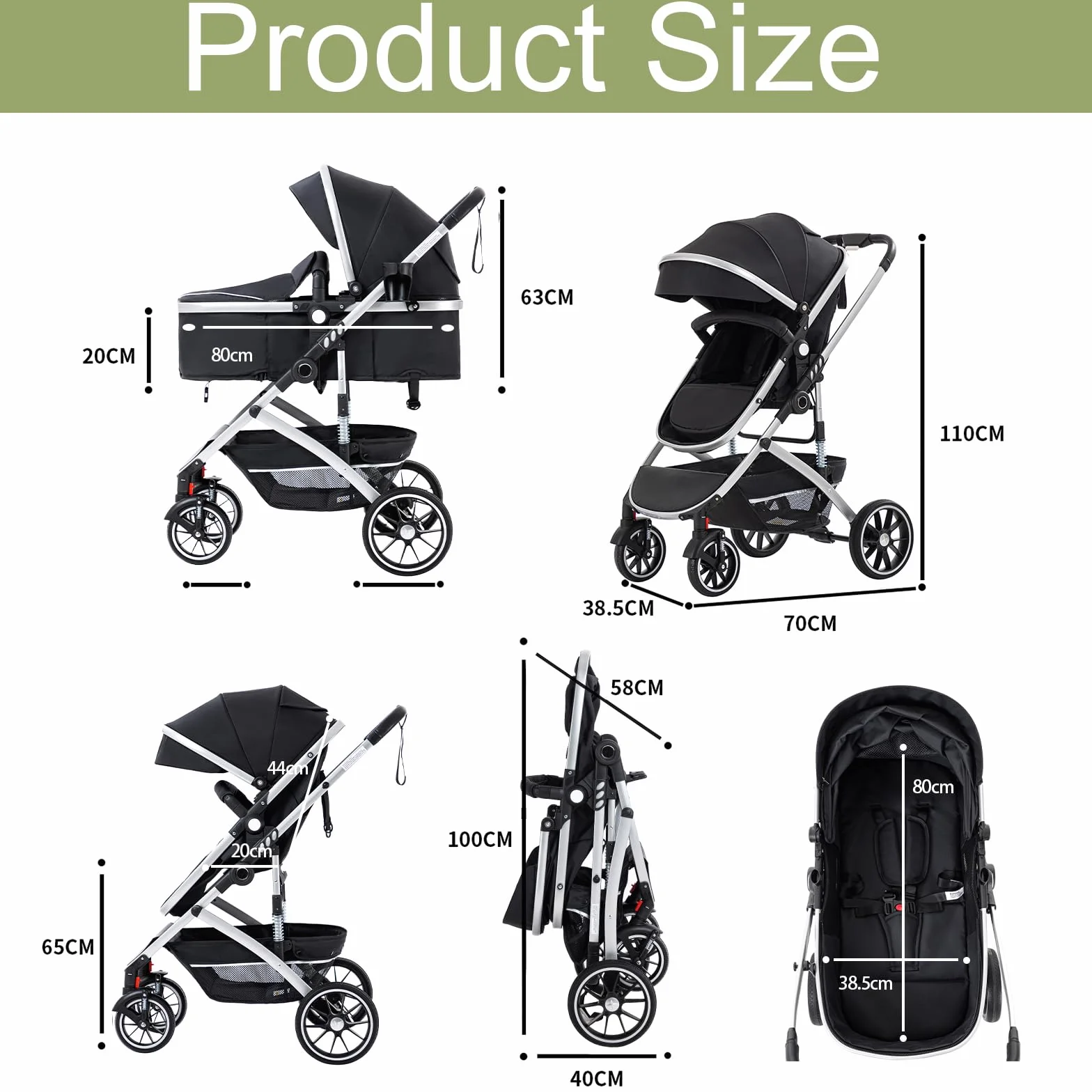 Passeggino 3 in 1 con seggiolino auto pieghevole telaio alluminio per neonati 0-4 anni