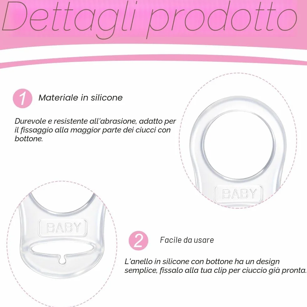 Adattatore per Ciuccio in Silicone Trasparente, 2 Pezzi Anello con Clip Supporto Porta Ciuccio