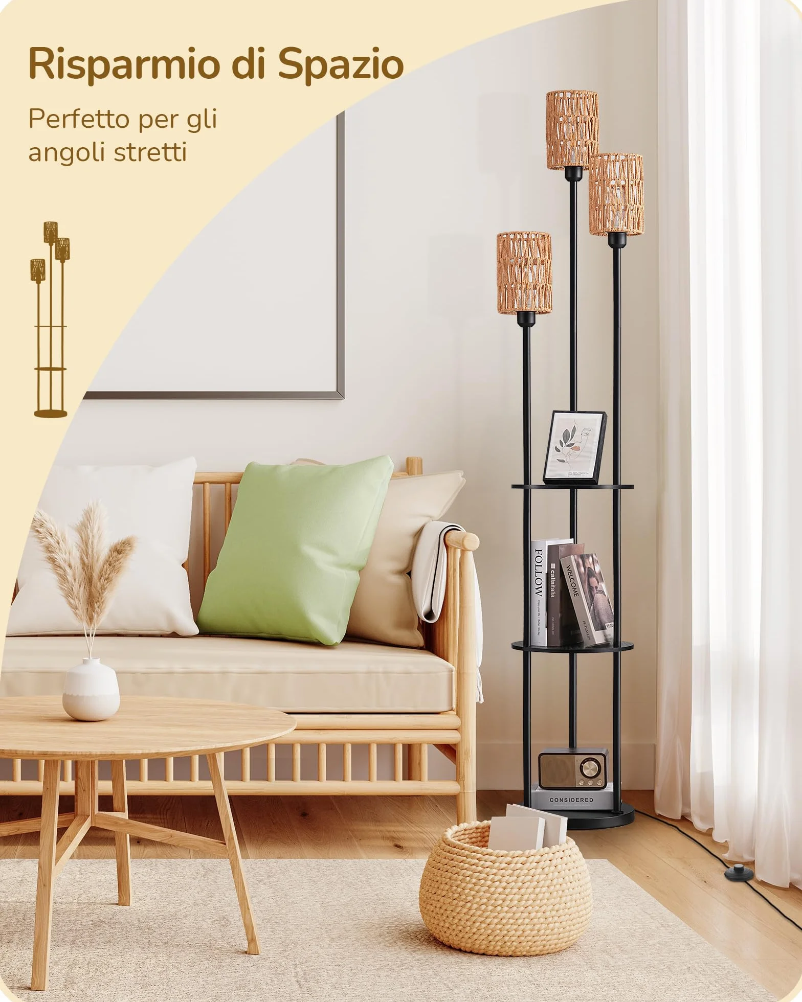 EDISHINE Lampada da Terra Boho Vintage con Mensola e Ripiano Portaoggetti, Piantana 3 Luci E27 con Paralume in Rattan, Lampadine Incluse, Interruttore a Pedale, Lampada Salotto Moderna 178 cm