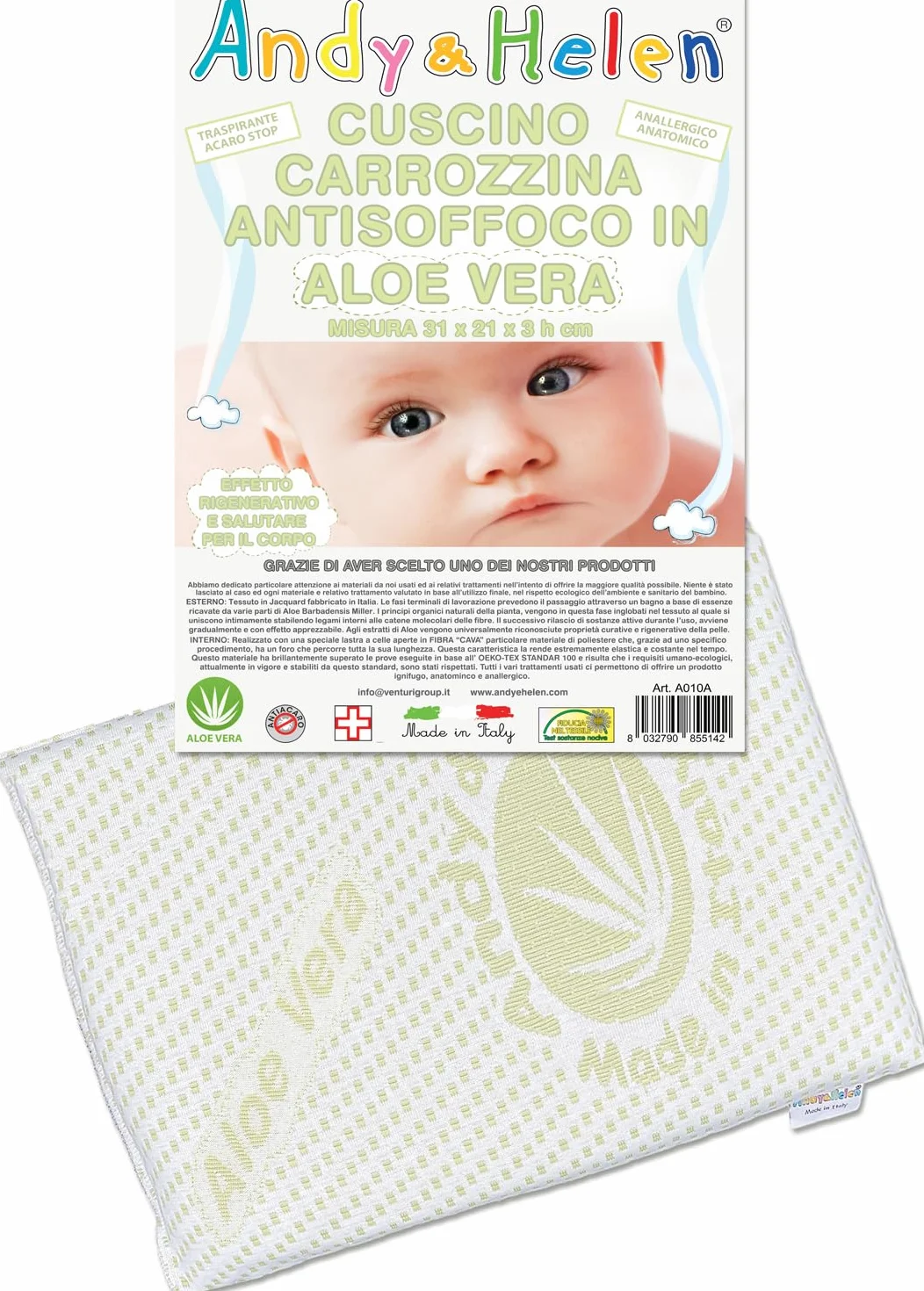 ANDY & HELEN Cuscino Culla Antisoffoco Aloe Vera 31x21x3 cm