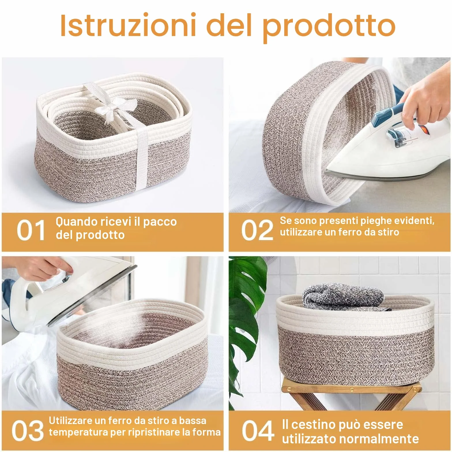 Cesto portaoggetti intrecciato in corda di cotone set da 4 pezzi per bagno fasciatoio organizer