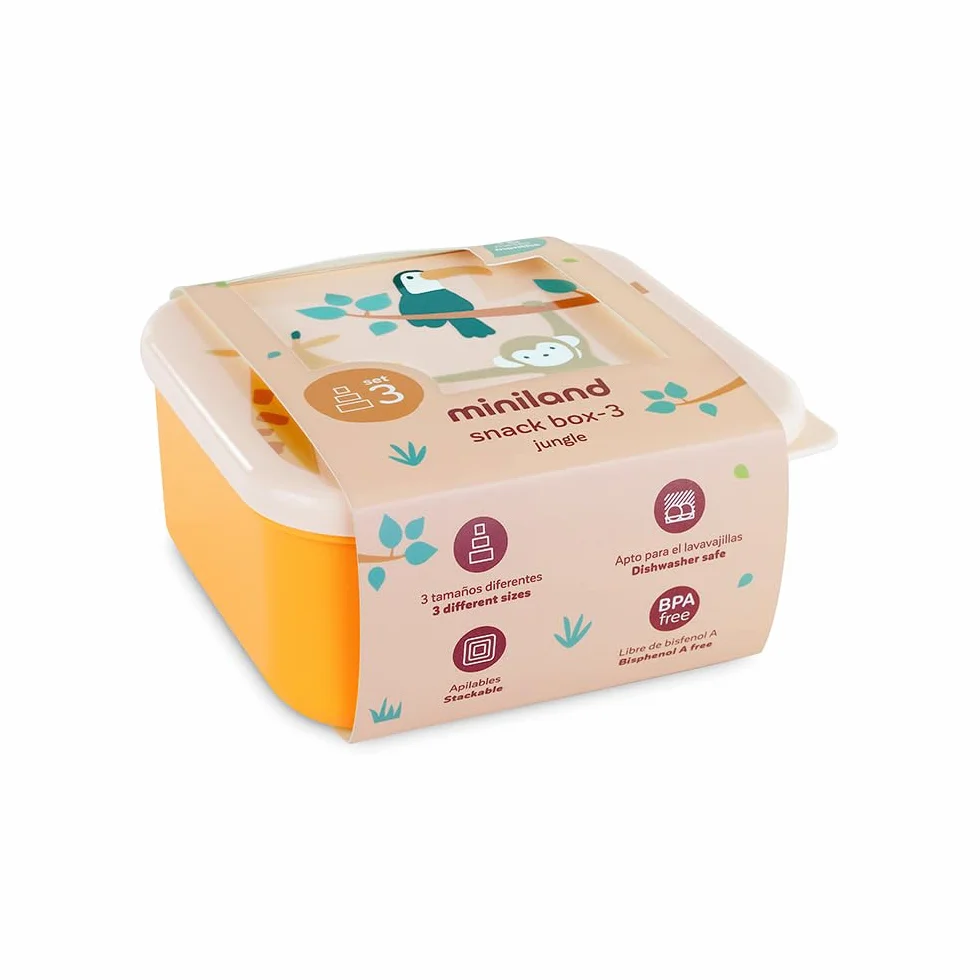 Miniland Set 3 Contenitori per Alimenti per Bambini, Scatole Pranzo Impilabili, Lavabili in Lavastoviglie, Senza BPA