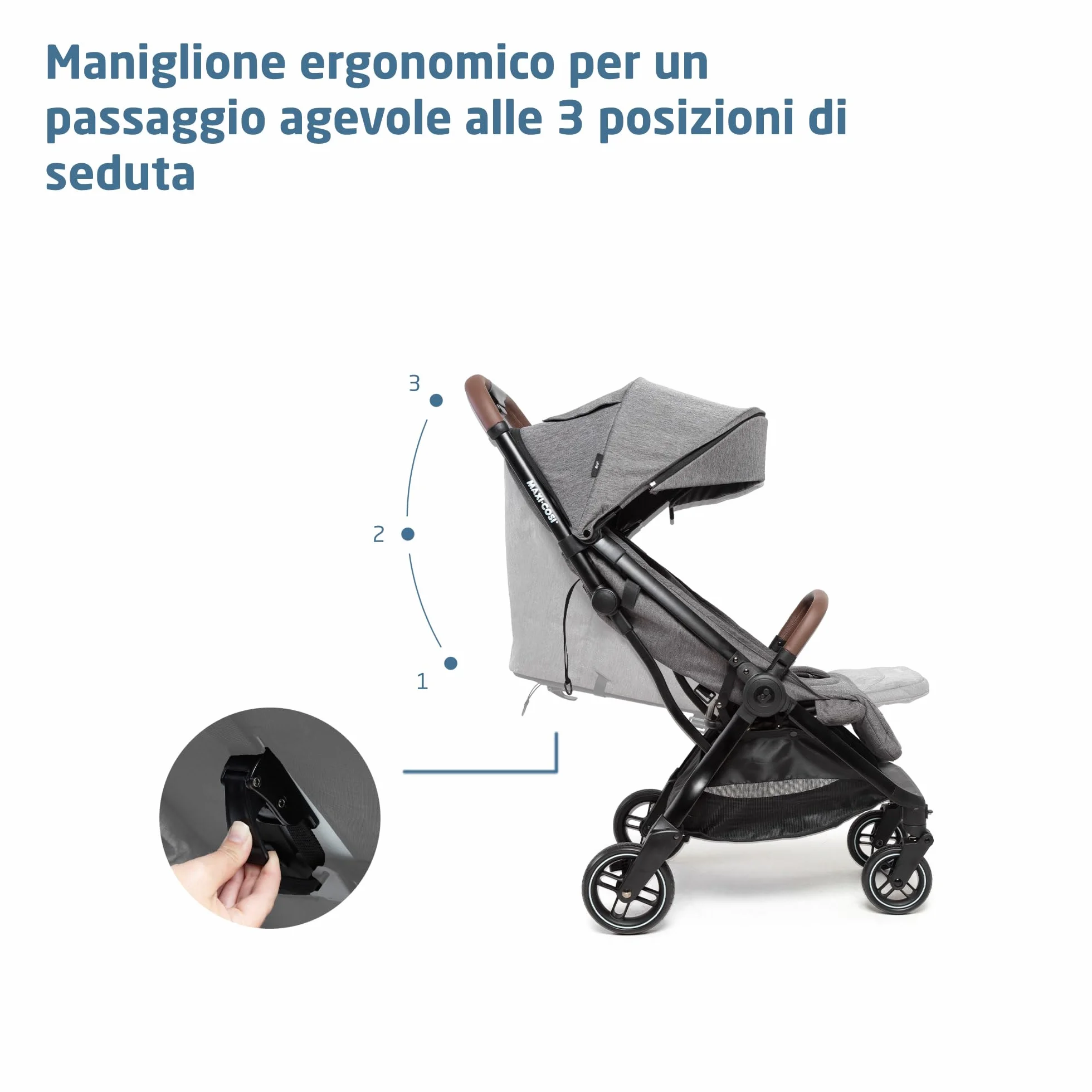 Maxi-Cosi Eva3 Passeggino Leggero Compatto 0-4 anni 22 kg Reclinabile 3 Posizioni Chiusura Automatica Tracolla Select Grey