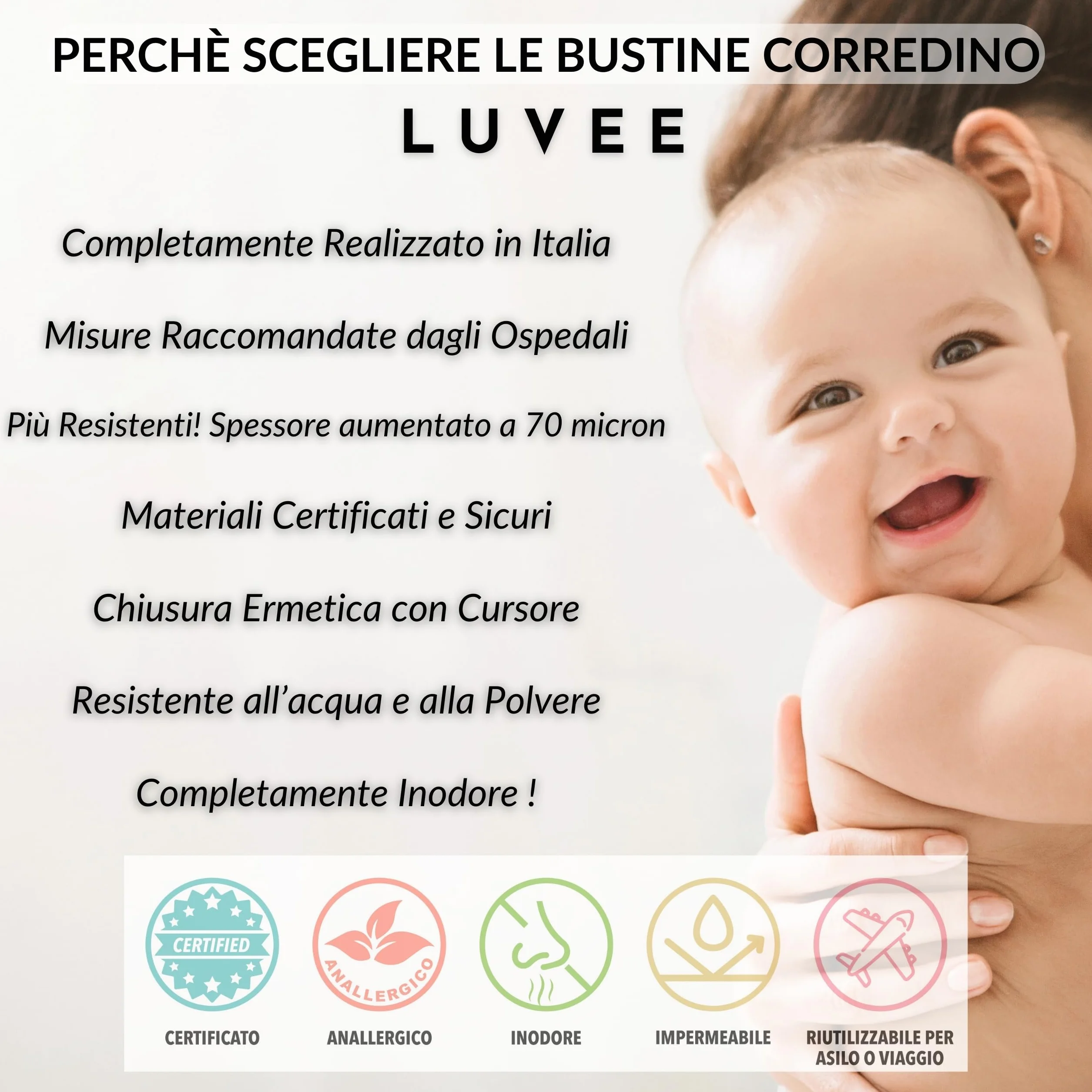 LUVEE Corredino Neonato Ospedale UNISEX 8 Bustine con Etichette Adesive Made in Italy Sacchetti Cambio Riutilizzabili