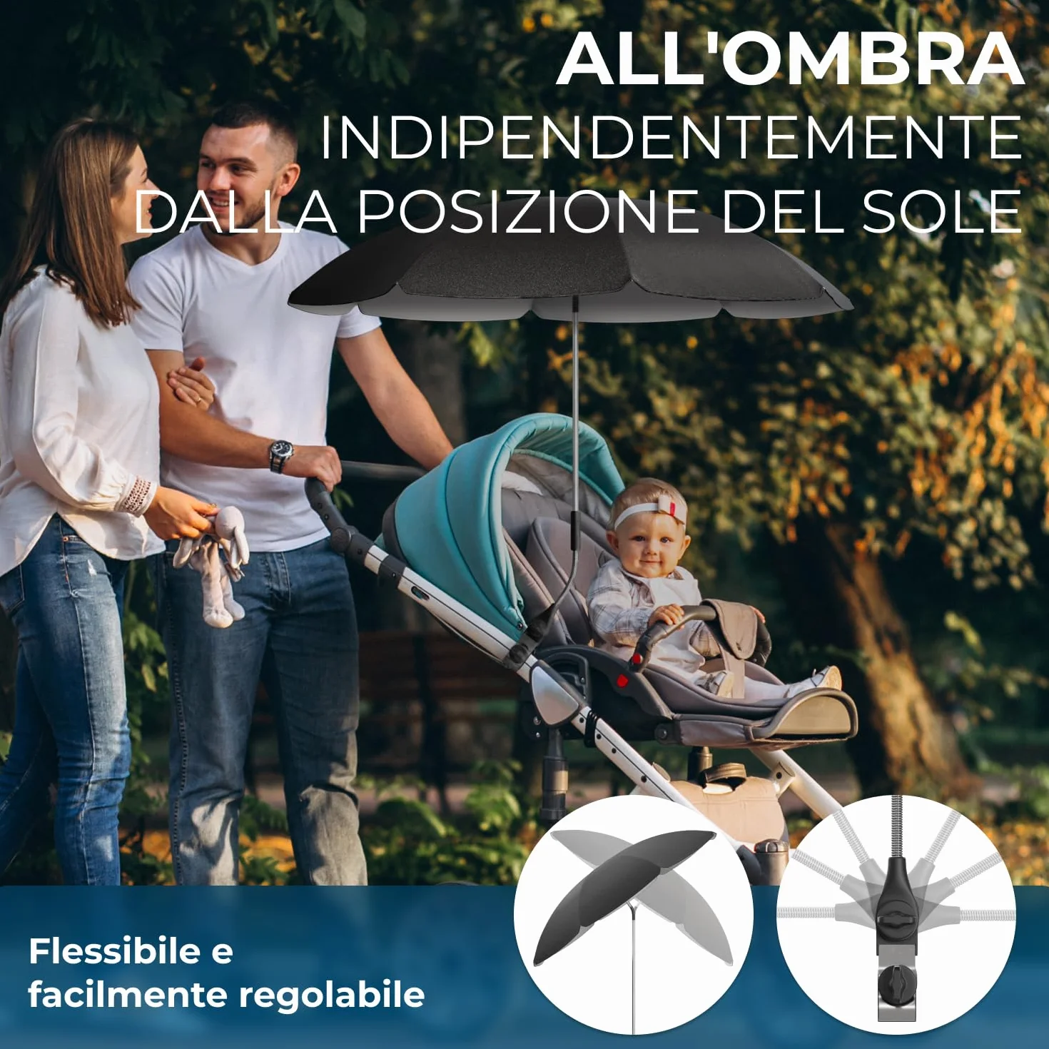 STYNGARD Ombrellino Passeggino UV 50+ 70 cm con Supporto Universale Modello ROMA