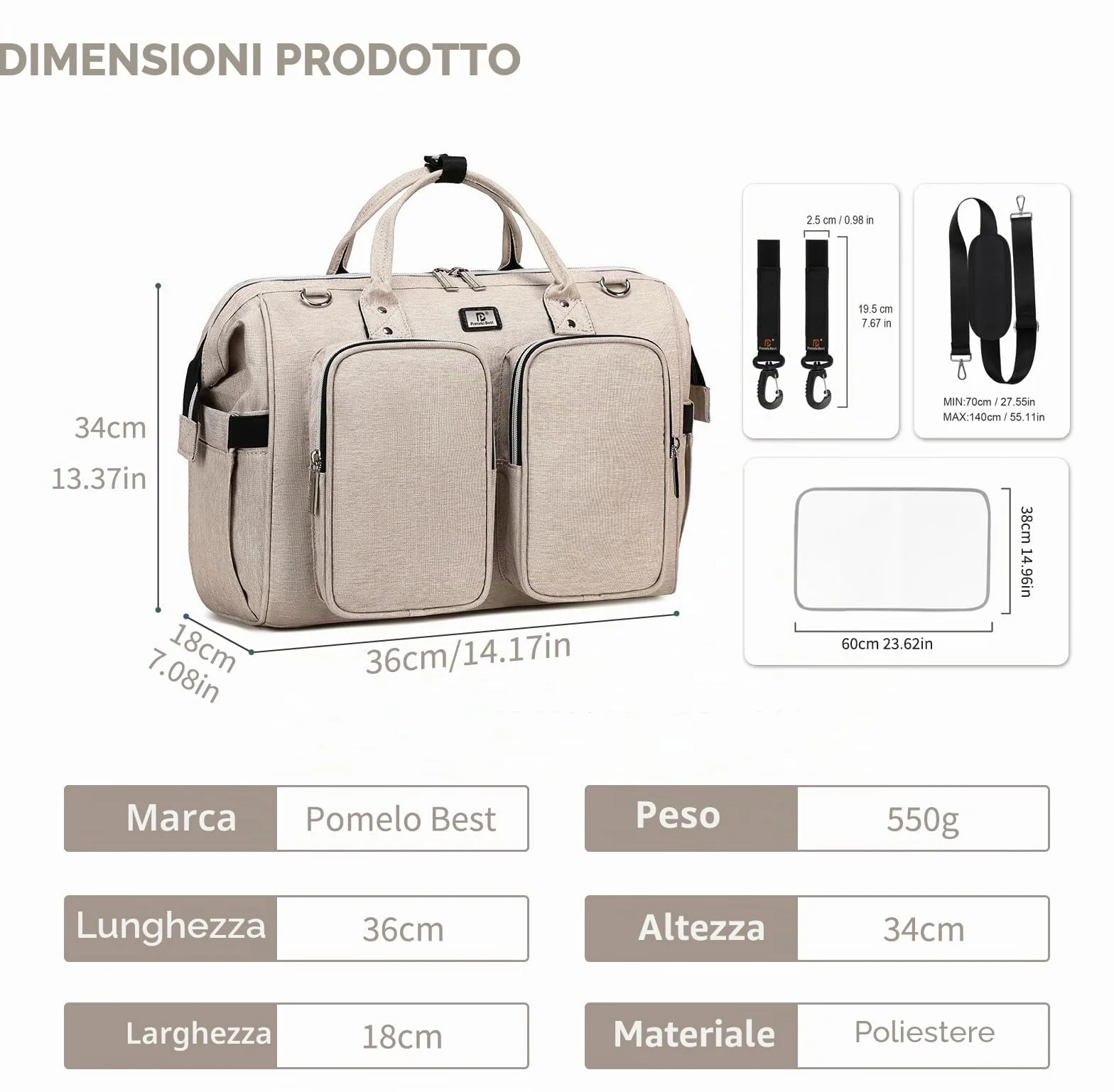 Borsa a Tracolla per Pannolini Grande Capacità Oxford Impermeabile, 2 Ganci per Passeggino, Fasciatoio