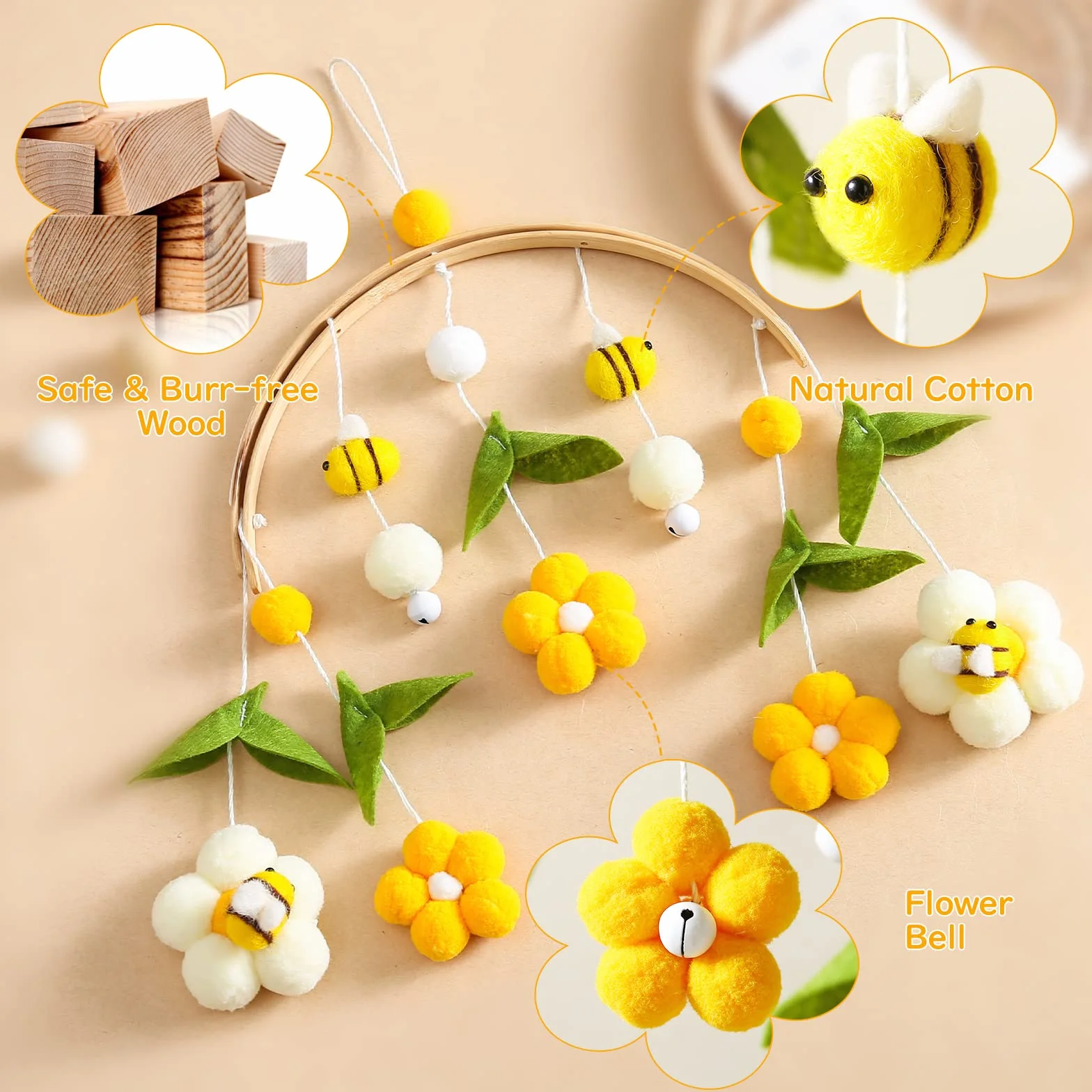 Culla Neonato in Legno con Palline di Feltro, Api e Fiori, Campanelli Eolici per Mobile, Decorazioni Cameretta 0+ Mesi