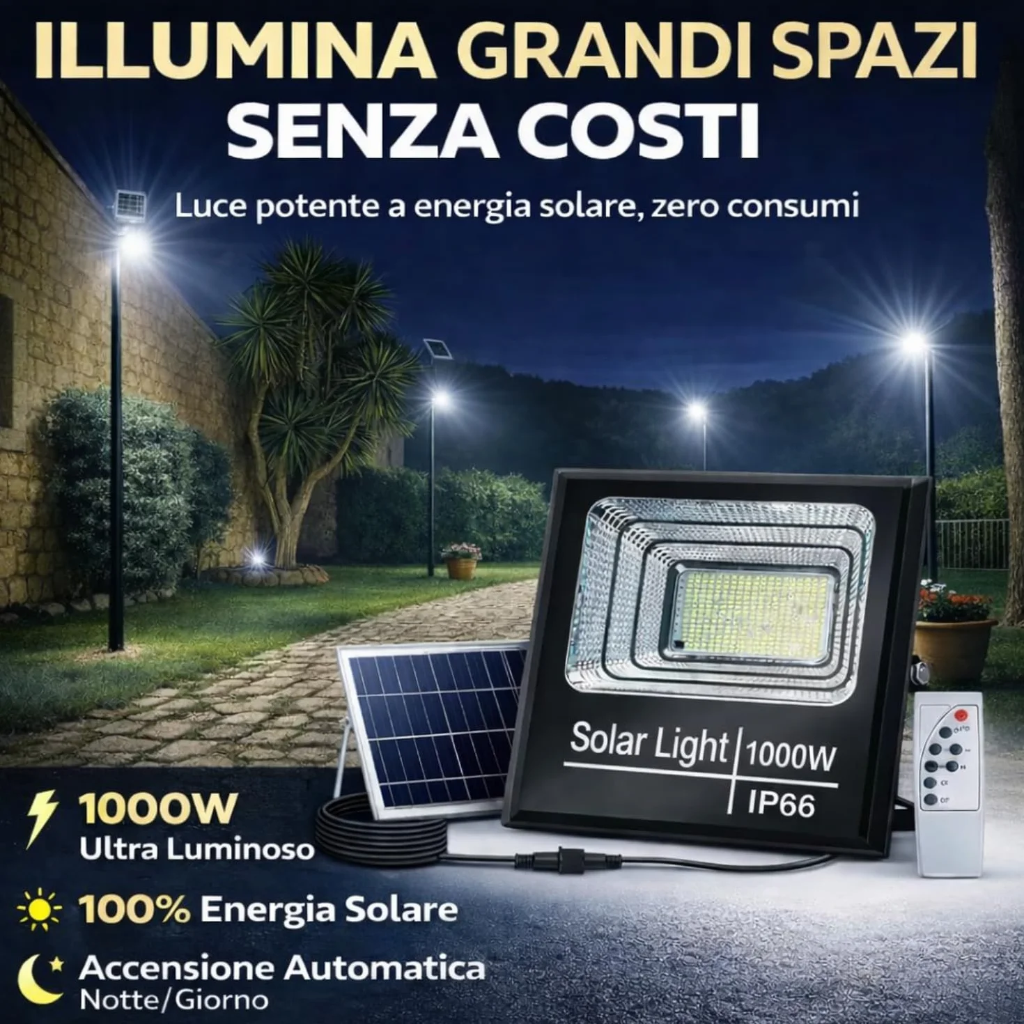 Faro Solare LED 1000W con Pannello Solare, Luce Esterno 6500K Ultra Potente, Sensore Crepuscolare Automatico, Telecomando, IP67 Impermeabile, Faretto da Esterno per Giardino, Cortile, Strada.