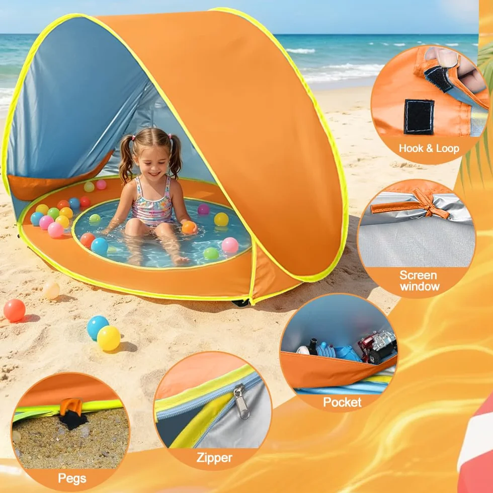 Tenda da Spiaggia Bambini Pop Up con Mini Piscina Protezione UV UPF 50+ Portatile Arancione