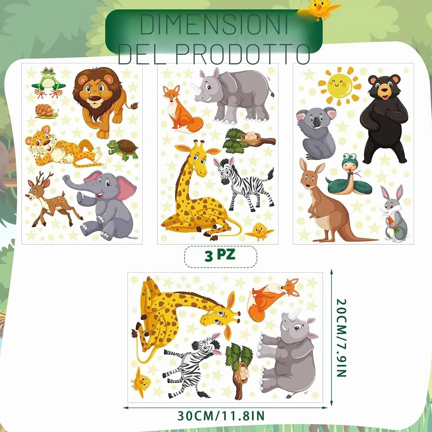 Adesivi da Parete Fluorescenti Animali Giungla Stickers Muro Luminoso Safari Elefante Leone Decorazioni Camera Bambini Verde