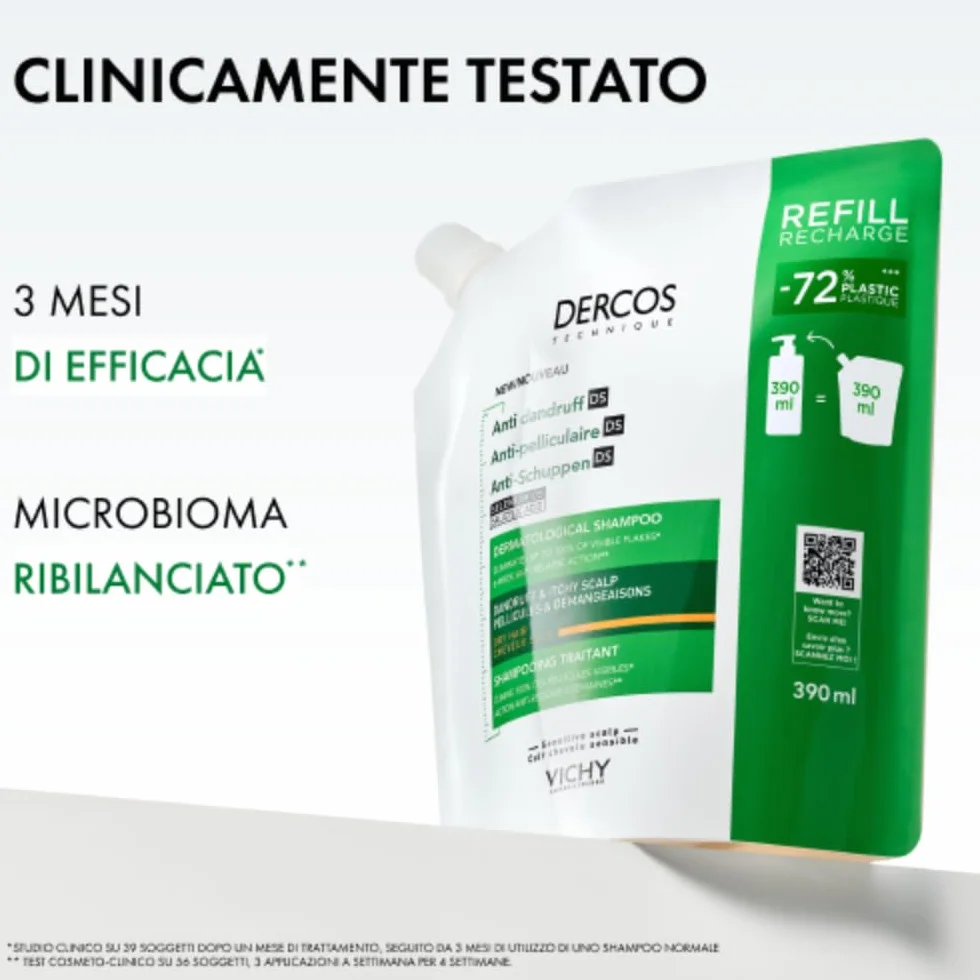 Vichy Dercos Eco-Ricarica Shampoo Anti-Forfora DS per Capelli Secchi, 390 ml