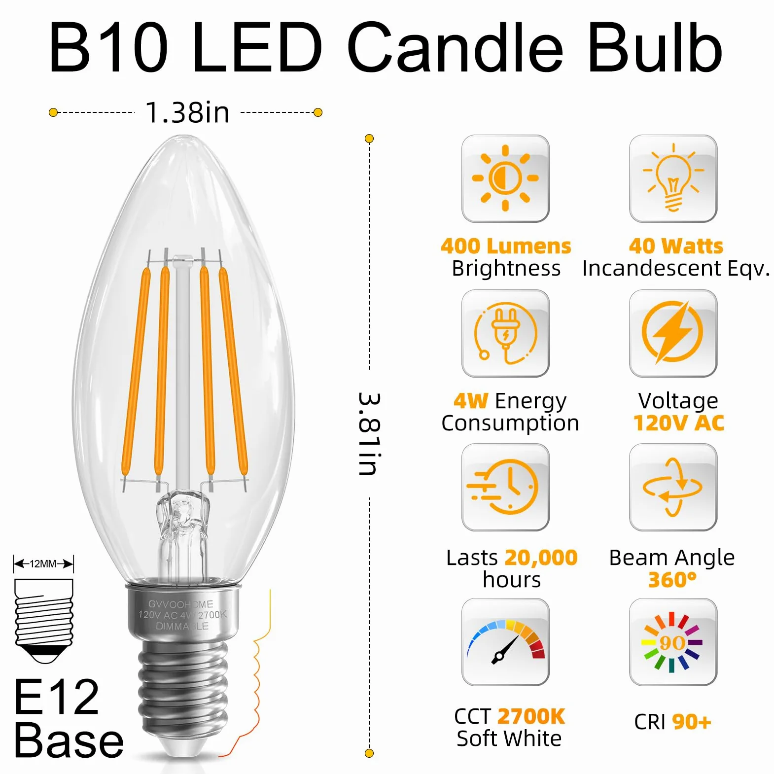 GvvooHome Lampadine a candelabro da 40 Watt, lampadina LED E12 dimmerabile, lampadine a candela B10, 2700 K, bianco morbido, 90+CRI, 400 lm, vetro Cear, confezione da 24