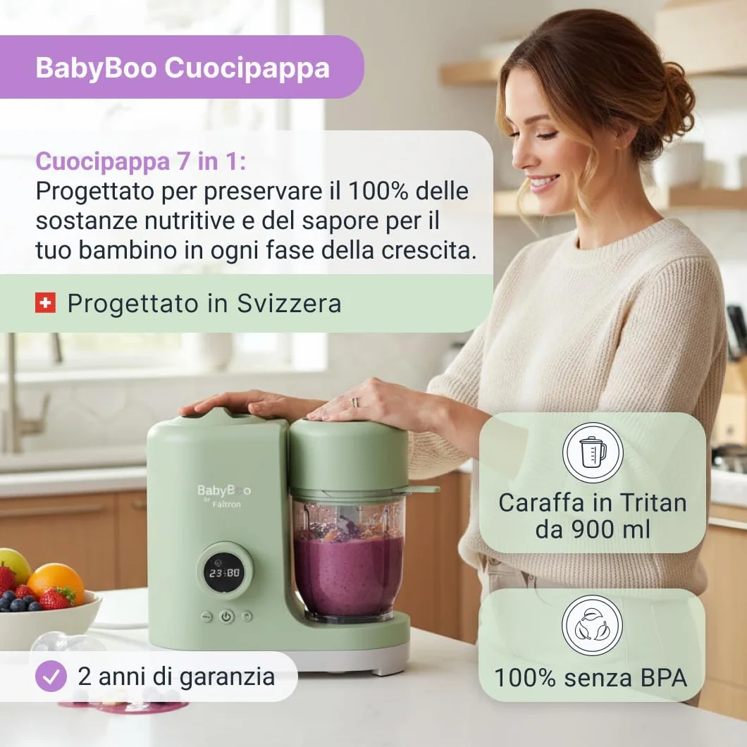 BABYBOO Robot Pappa 7-in-1 Cuoci a Vapore e Frulla 20 Minuti 300W Scaldabiberon Sterilizzatore Tritan Acciaio Inox Display Digitale