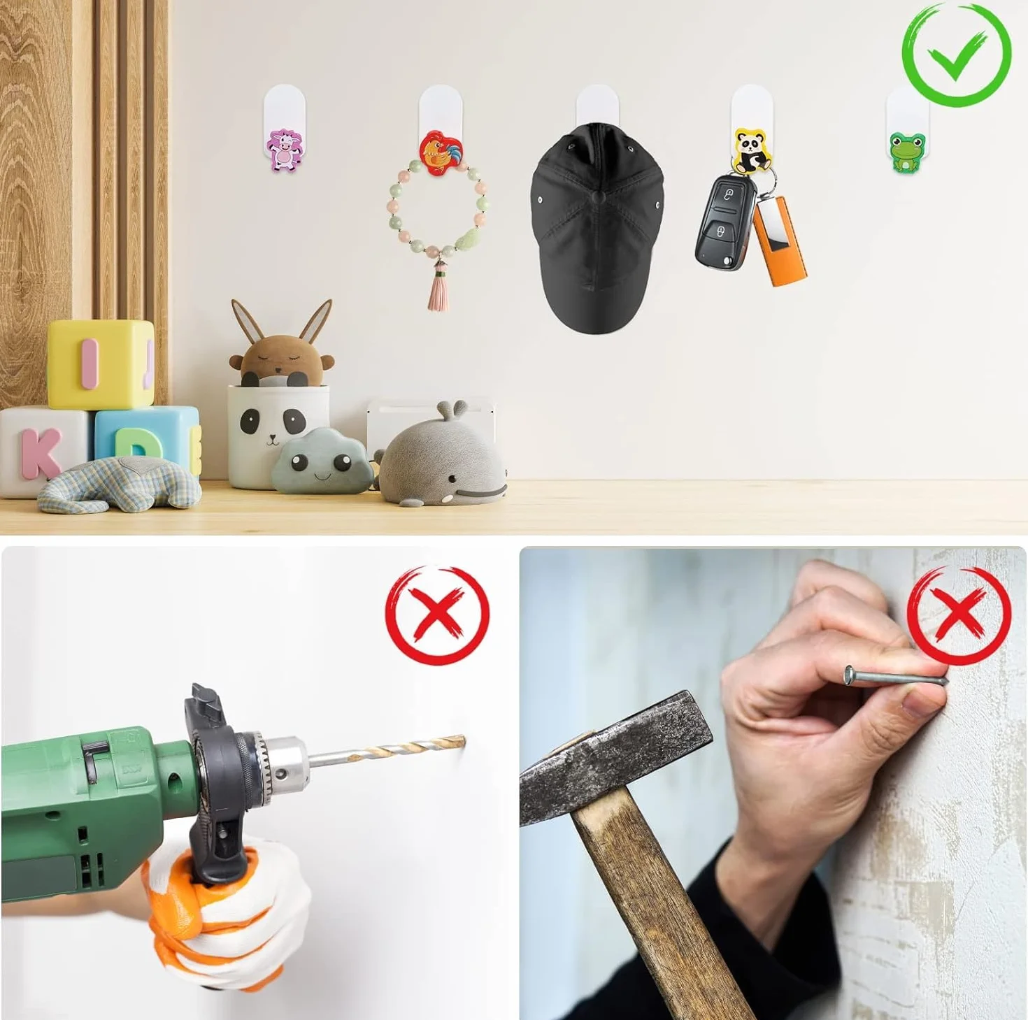 Ganci Appendiabiti per Bambini 5 Pezzi, a Parete, Animali Autoadesivi, Legno, Senza Foratura