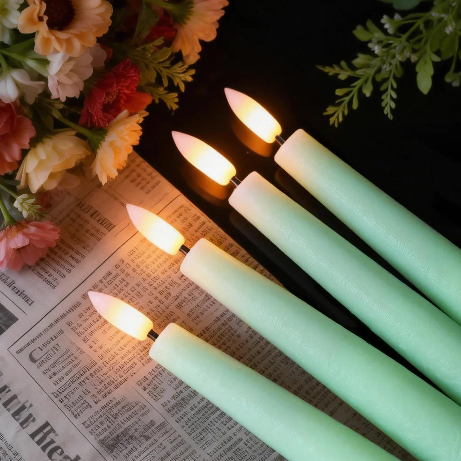 Candele coniche verdi senza fiamma, a LED tremolanti, a batteria, con timer remoto, 4 candelieri senza fiamma per decorazioni primaverili per matrimoni e per la casa (D0,78 "x H8,2,5 cm)