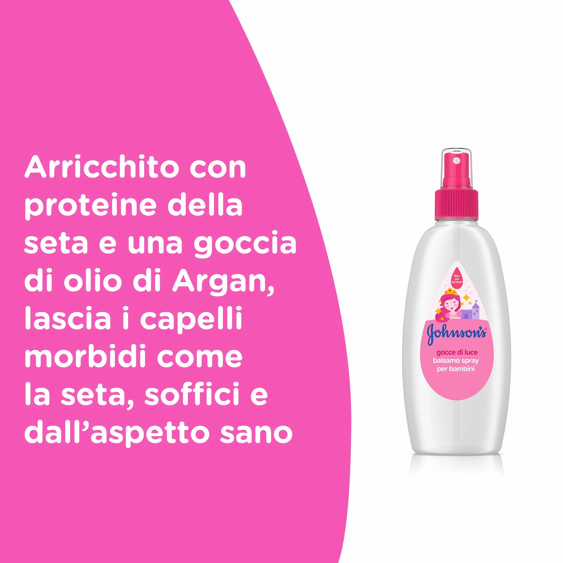 Johnson's Kids Balsamo Spray Forti & Lucenti Senza Risciacquo 200 ml, Balsamo capelli bambini con Olio di Argan e Proteine della Seta