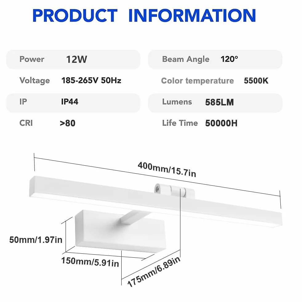 Klighten Lampada a Specchio a LED Bagno 12W 585lm Lampada Armadio Specchio Applique da Parete Moderna Illuminazione da Bagno Bianco Neutro 5500K IP44
