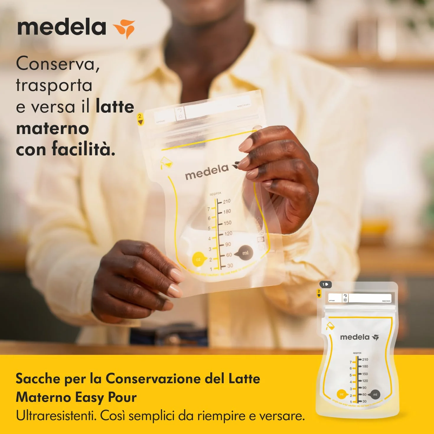 Medela Sacche Monouso Easy Pour Conservazione Latte Materno 210 ml Senza BPA Confezione 100 Pezzi