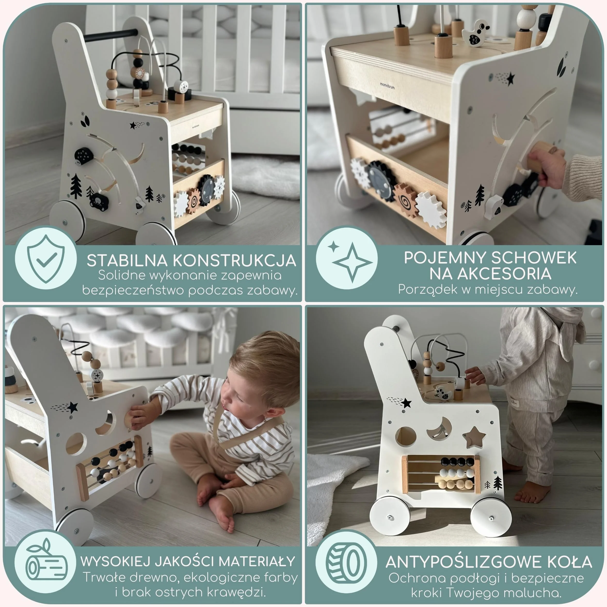 Mamabrum Primi Passi 6 w 1 Spintore Legno Tavolo Didattico Giochi Bambini Abaco Loop Motorio 31x28x49cm